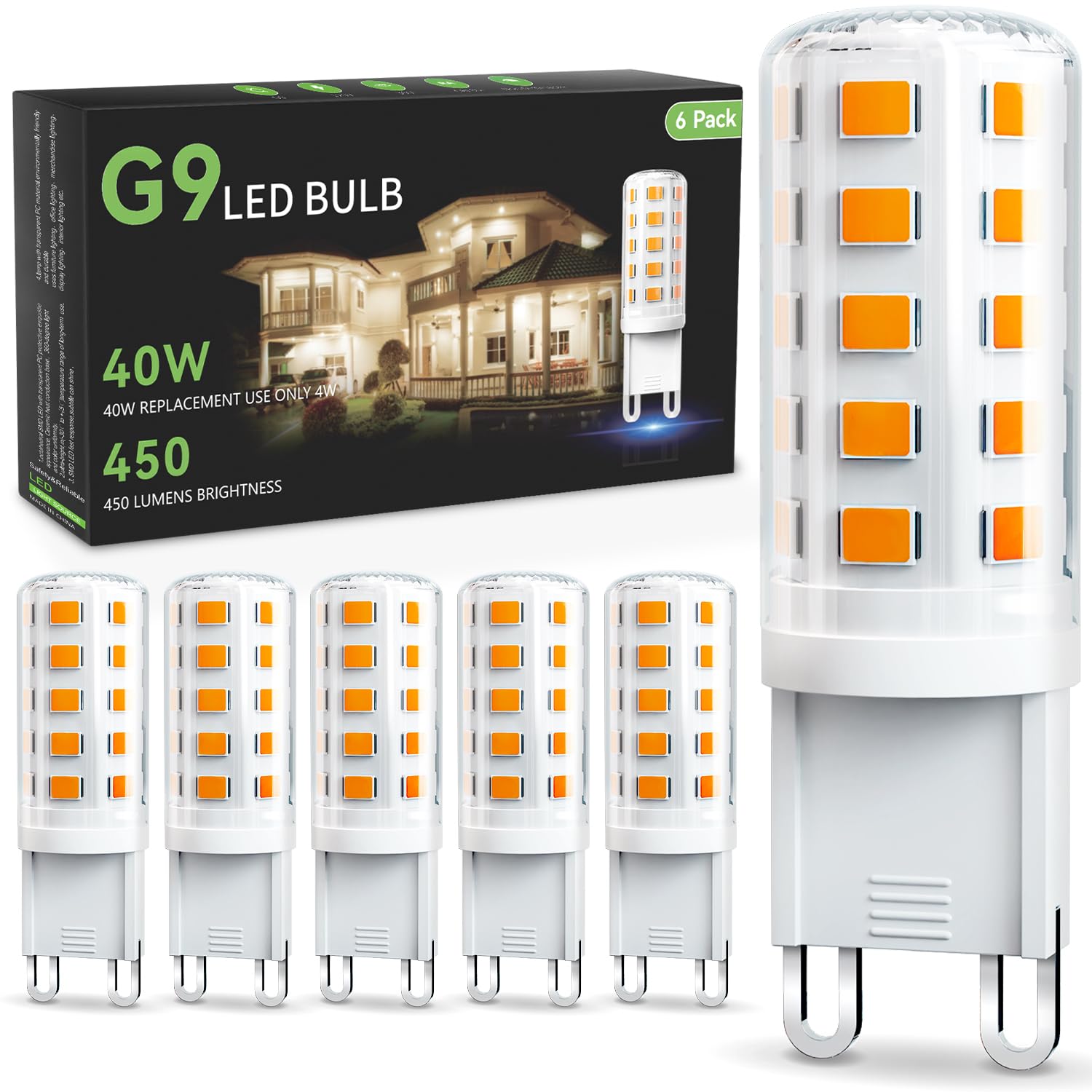 Tjoy G9 Led Bulb 4W, 2700K Soft Warm White 6 Pack, Equivalent 40 Watt T4 G9 Halogen Replacement, G 9 Bi-Pin Base Light Bulbs For