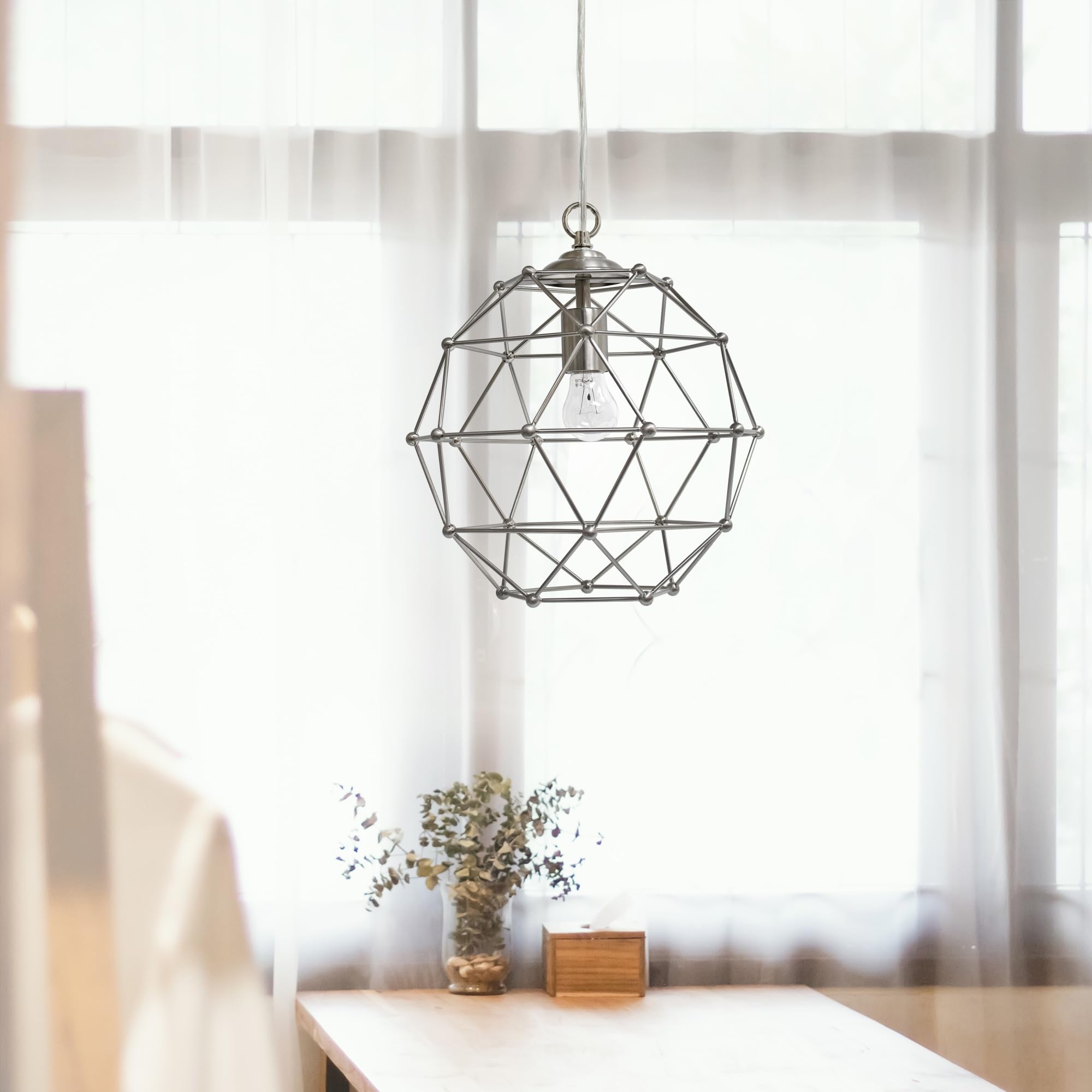 Elegant Designs PT1006-BSN Industrial Ceiling Light Pendant, 12 Inch, Brushed Nickel, Metal Wire Cage