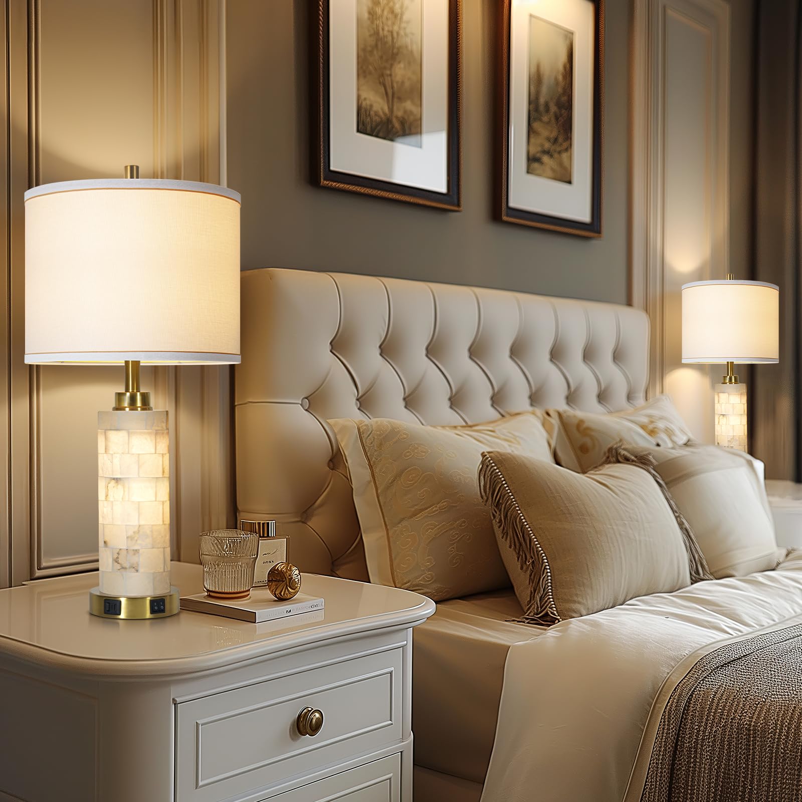 Rustic Natural Alabaster Table Lamp Set Of 2 With Night Light For Living Room Nightstand Table Lamp With 2 Usb Ports For Bedroom