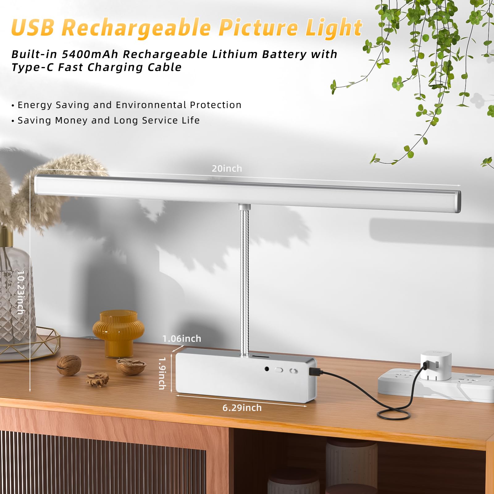 Lightbiz 20 Wireless Rechargeable Picture Light with Remote - Dimmable Metal Art Light in Silver for Paintings and Gallery Display