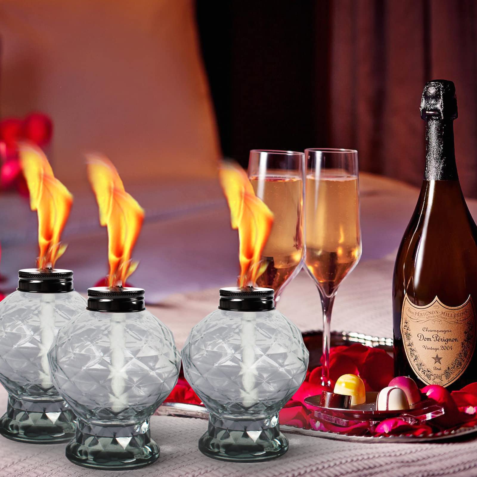 Dikaida 4 Pack Glass Table Torches, Citronella Table Top Torches With Wick And Cap For Outdoor, Refillable Landscape Lanterns Fo