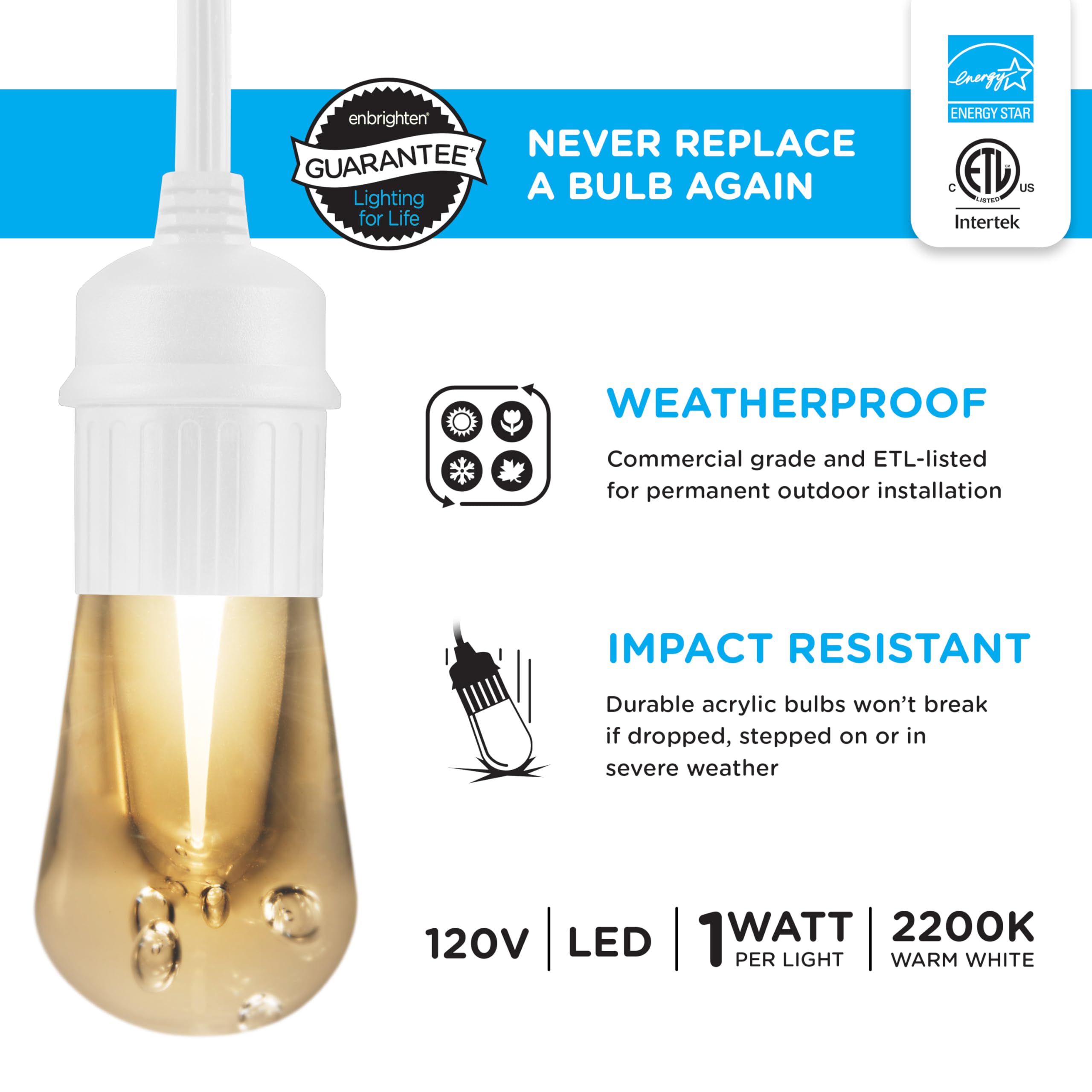 Enbrighten Premium Color Changing String Lights, 24Ft White Cord, 12 Shatterproof Acrylic Bulbs, Weatherproof, Remote Control, Dimmable Rgb Led, Outdoor String Lights, 39511