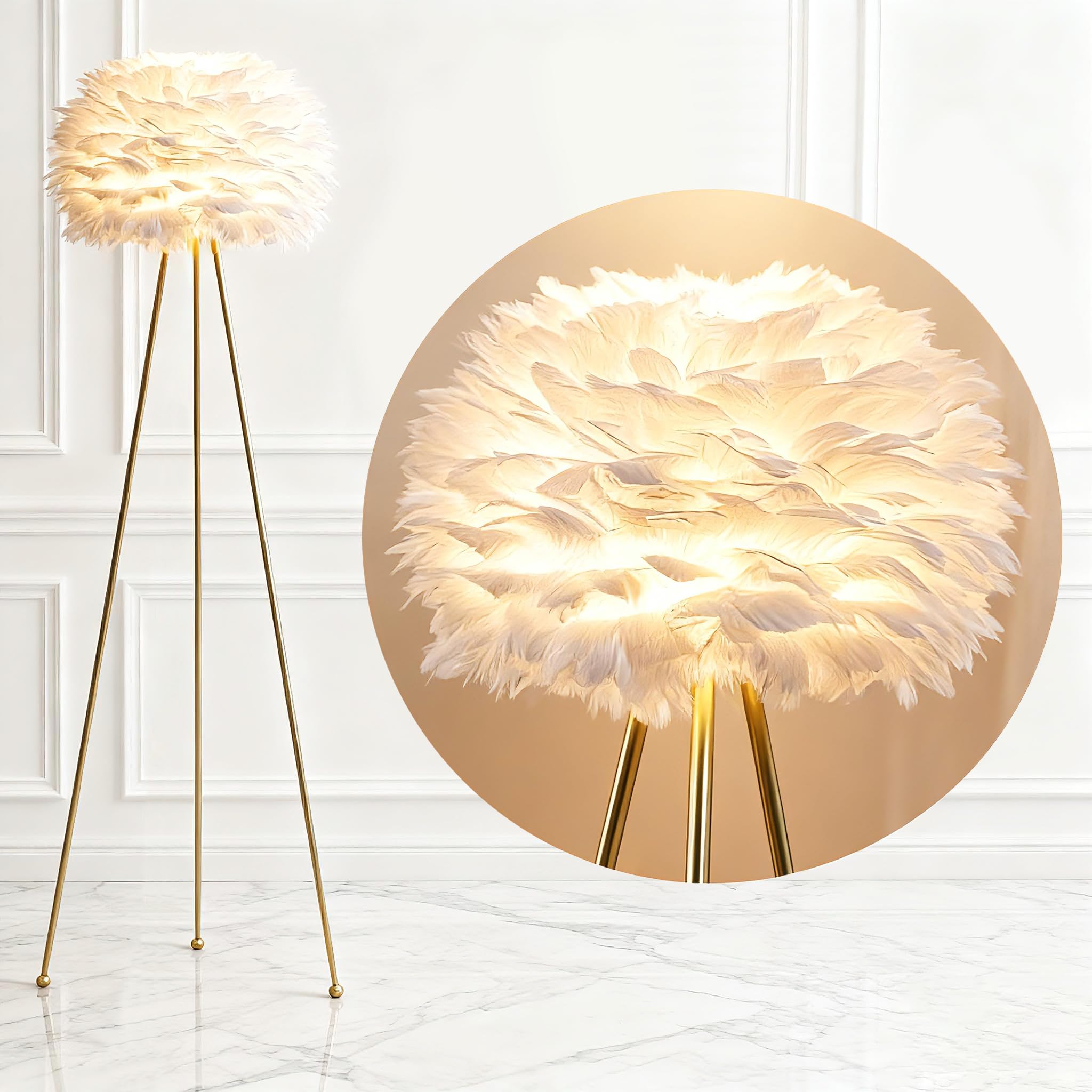 Maxax 60 Tripod Floor Lamp - Modern Gold With White Feather Shade, F21 Model For Bedroom, Dining Room, Living Room, Kitchen