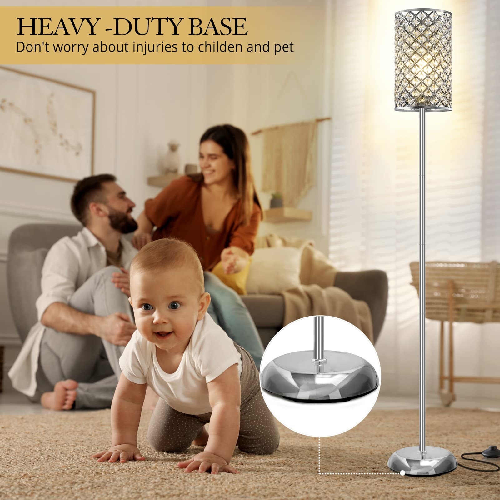 GyroVu Elegant Silver Metal Floor Lamp, 66.5" Tall with On/Off Foot Switch, Modern Accent Light for Living Room, Bedroom, Office