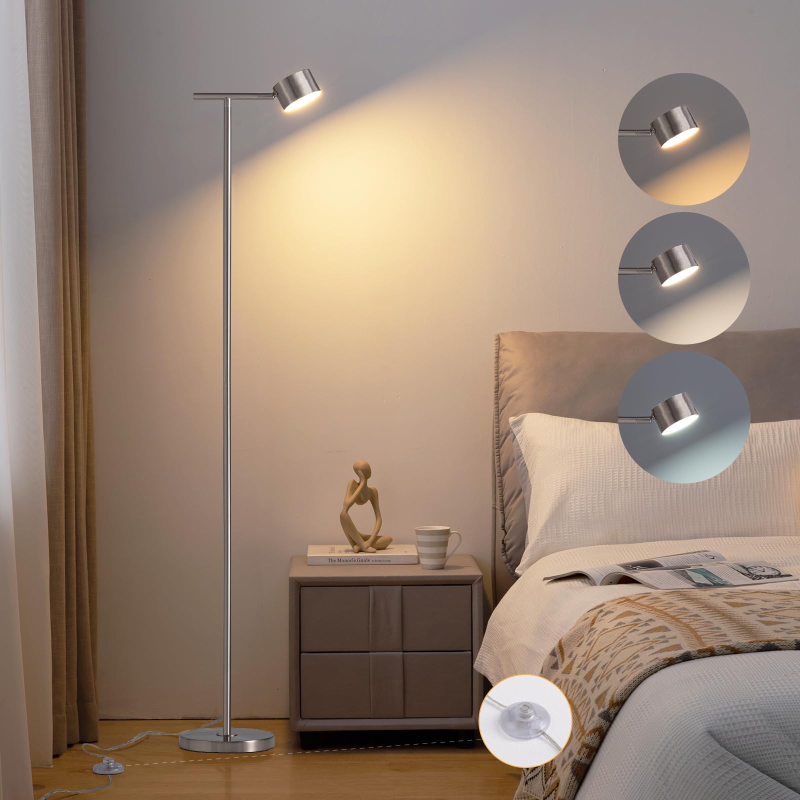 Figdifor Silver Floor Lamp, 3 Color Temperatures, Modern Reading & Working Light, Flexible Design
