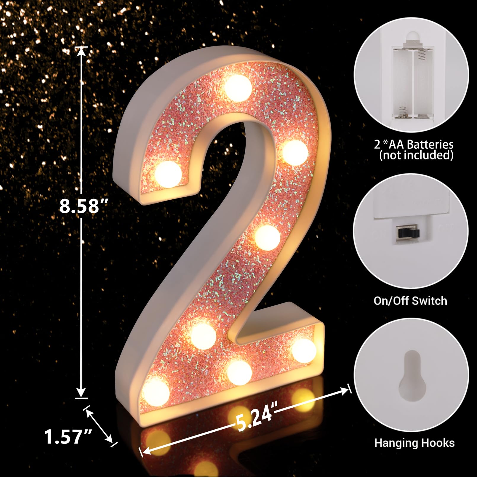 TRONSBOO LED Letter Lights - Pink Glitter Marquee Sign, Battery Powered, 5.24inx8.58inx1.57in, Model Pink-Light-2, Ideal for Home Party Decoration