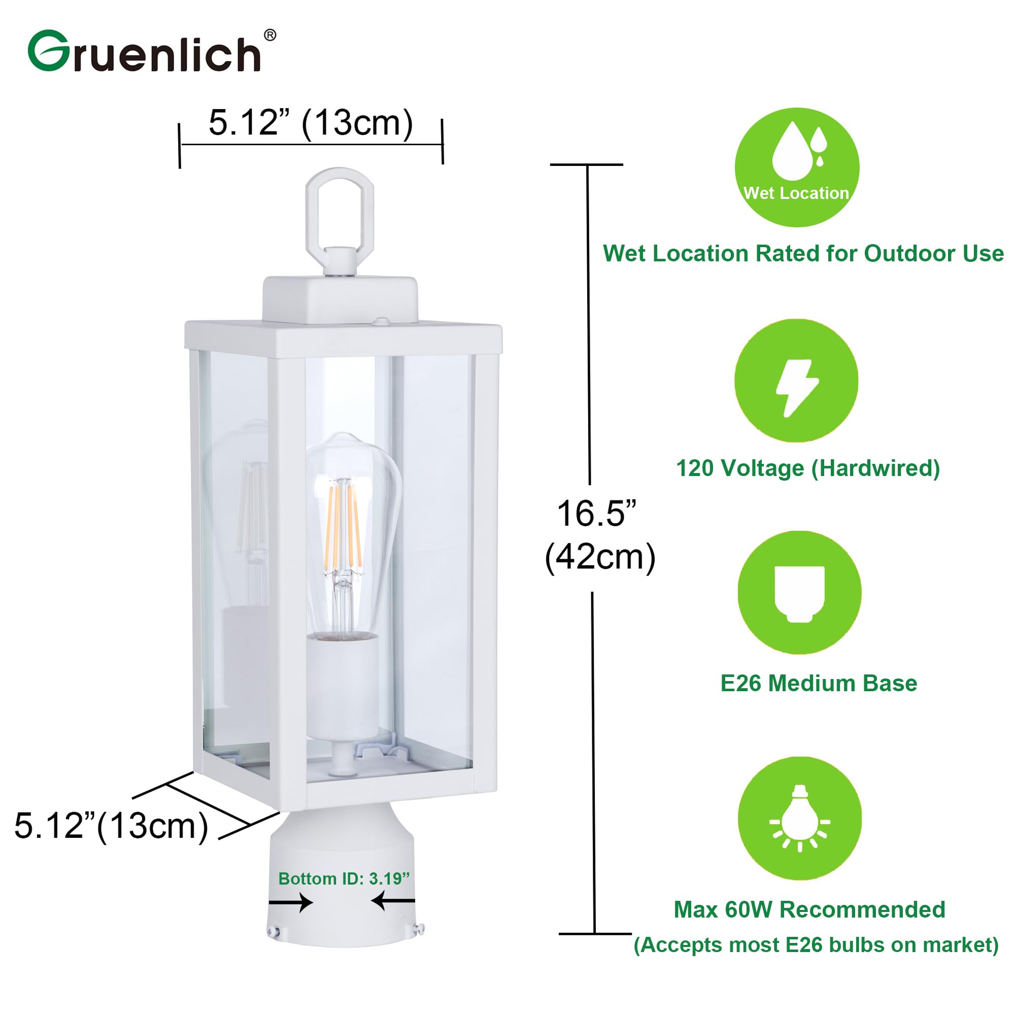 GRUENLICH Outdoor Post Lighting Fixture Pole Lantern, E26 Medium Base Max 60W, Metal Housing Plus Glass, Matte White Finish, Bul