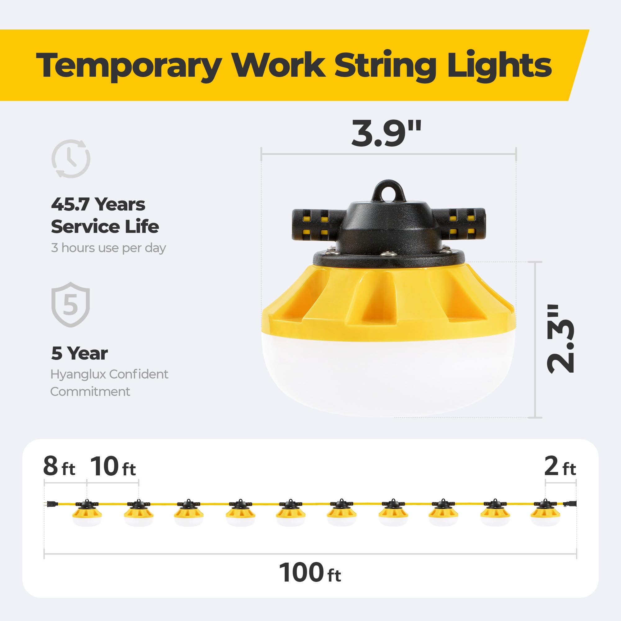 Hyanglux 100Ft Construction String Lights: 100W 11000Lm Etl Certified Bright Industrial Outdoor Temporary Lighting Led Hanging I