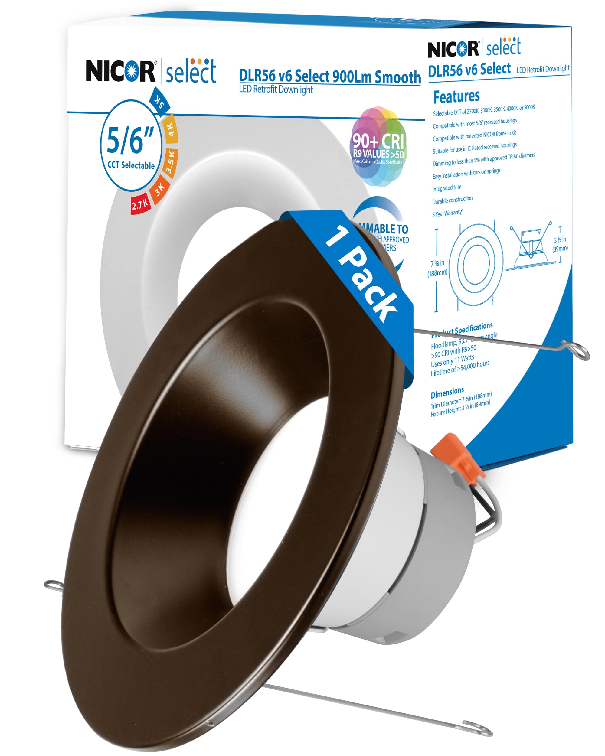 Nicor Lighting Recessed Ceiling Lights Led Downlight - 5/6 Inch Led Recessed Light Fixtures - Selectable Cct 2700K-5000K, 918 Lumens, 10.3W - Dlr56 Led Retrofit Ceiling Light, Bronze, 1-Pk
