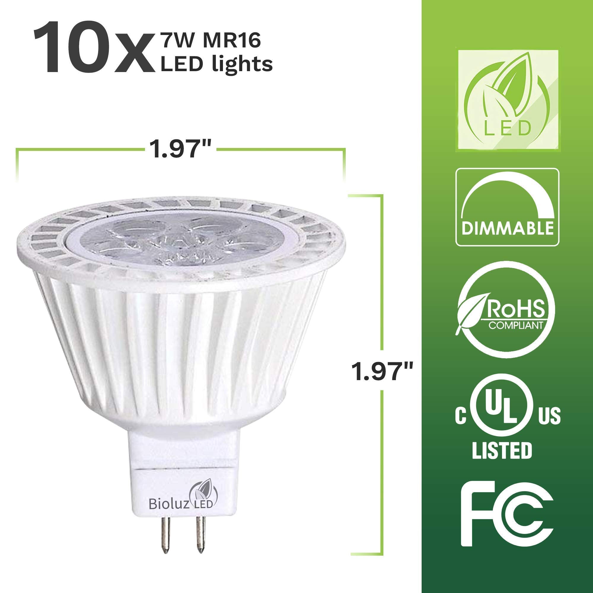 Bioluz LED MR16 Bulb 10 Pack Dimmable 7W 3000K Halogen Replacement AC/DC UL Listed