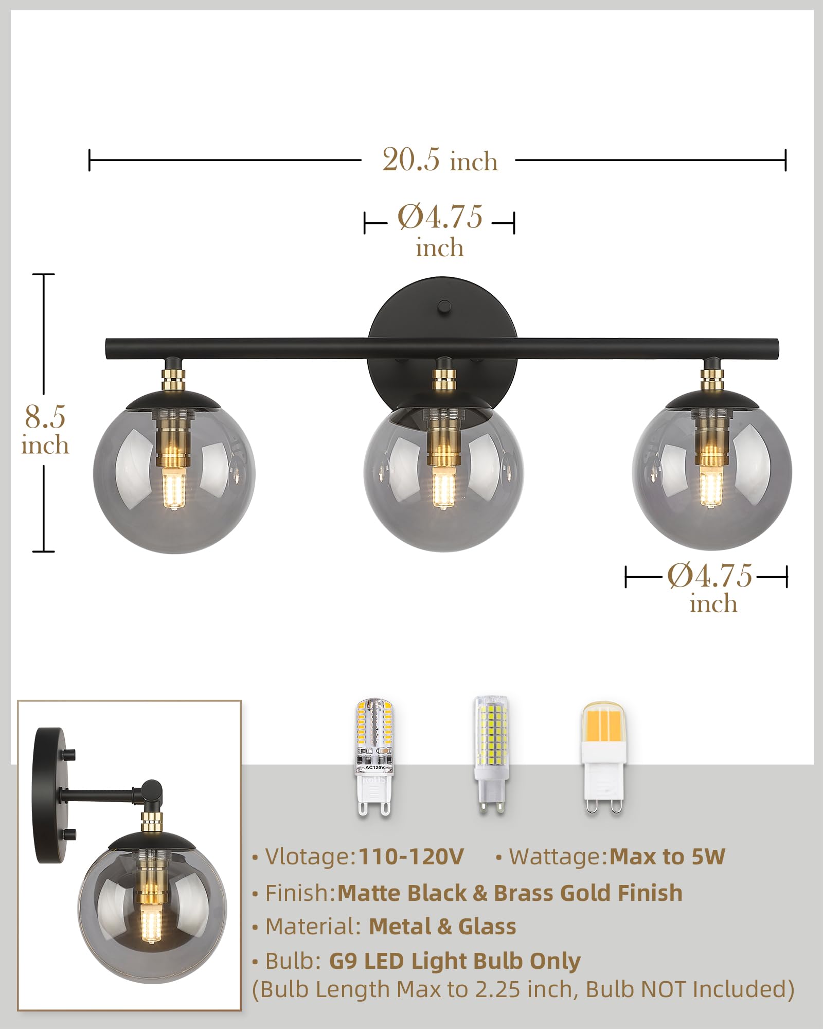 Lms Black Vanity Light, 3-Light Bathroom Light Fixtures 20.5 Inch, Black And Brass Gold Finish With Globe Glass Shade, Lms-117