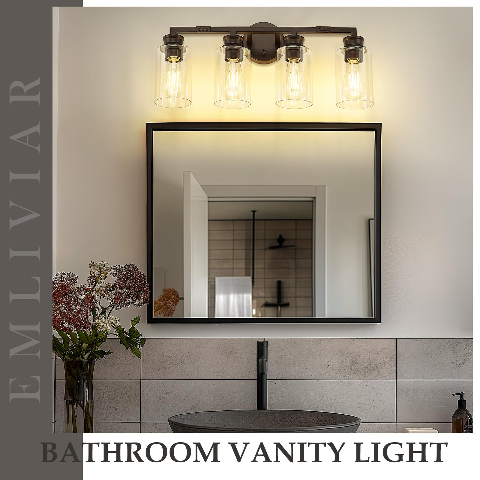 Emliviar 4-Light Vanity Light for Bathroom, Oil Rubbed Bronze, Metal, YCE253B-4W ORB, Clear Glass Shade