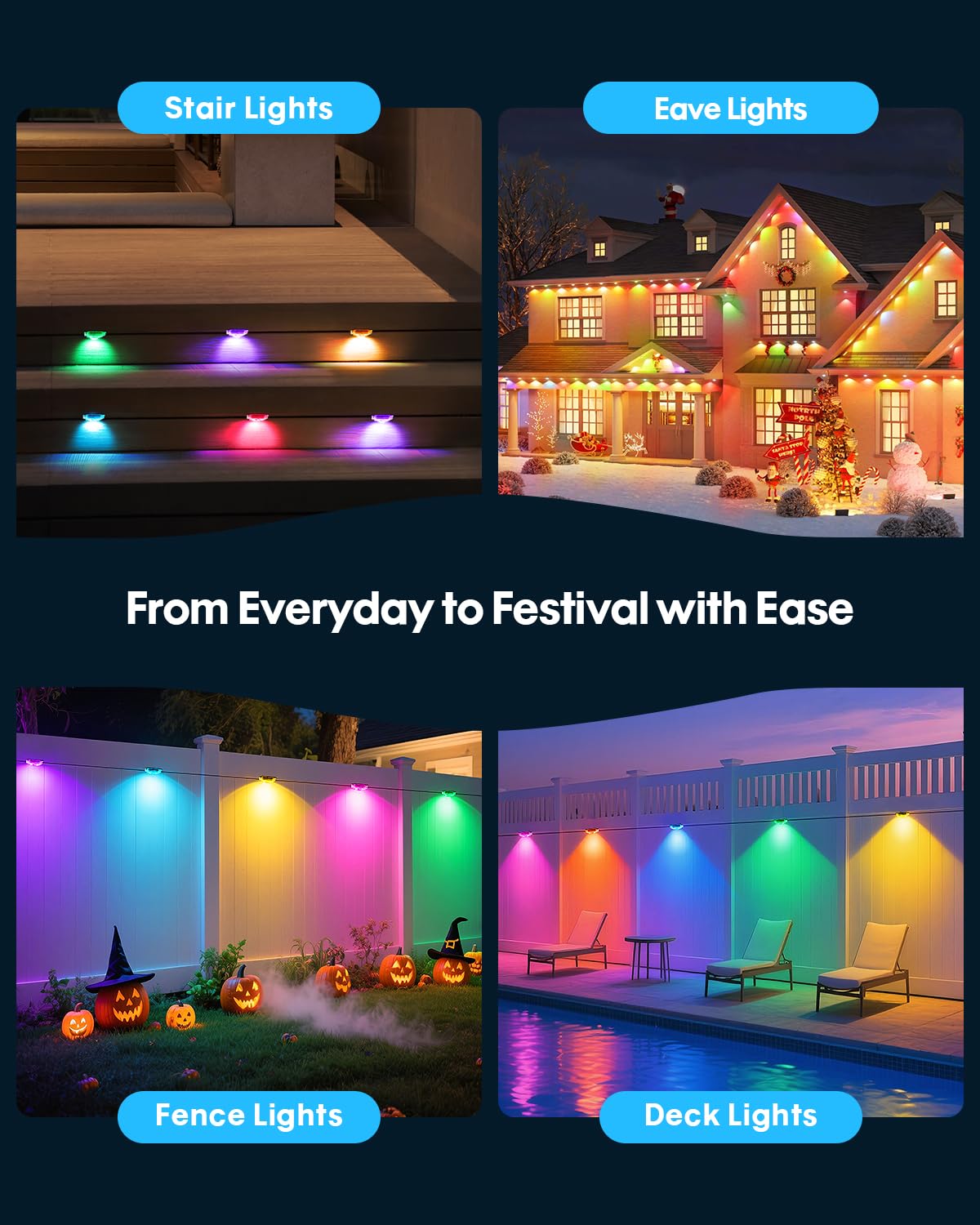 PIYOOPDR 100FT RGB-IC LED Outdoor Lights, IP67 Waterproof, App/Remote Control, Black, Model JG-001W-10