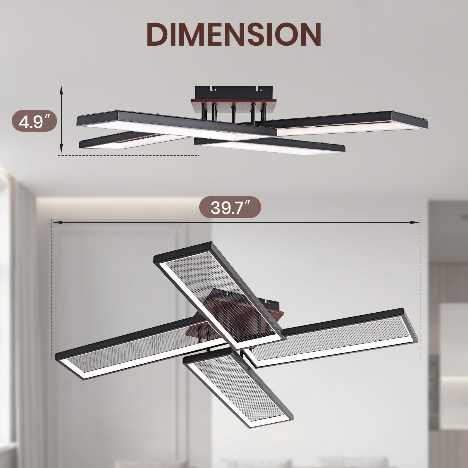 OKES Modern LED Ceiling Light, Dimmable Chandelier, Black, Metal, 39.7in, Model 723258466762