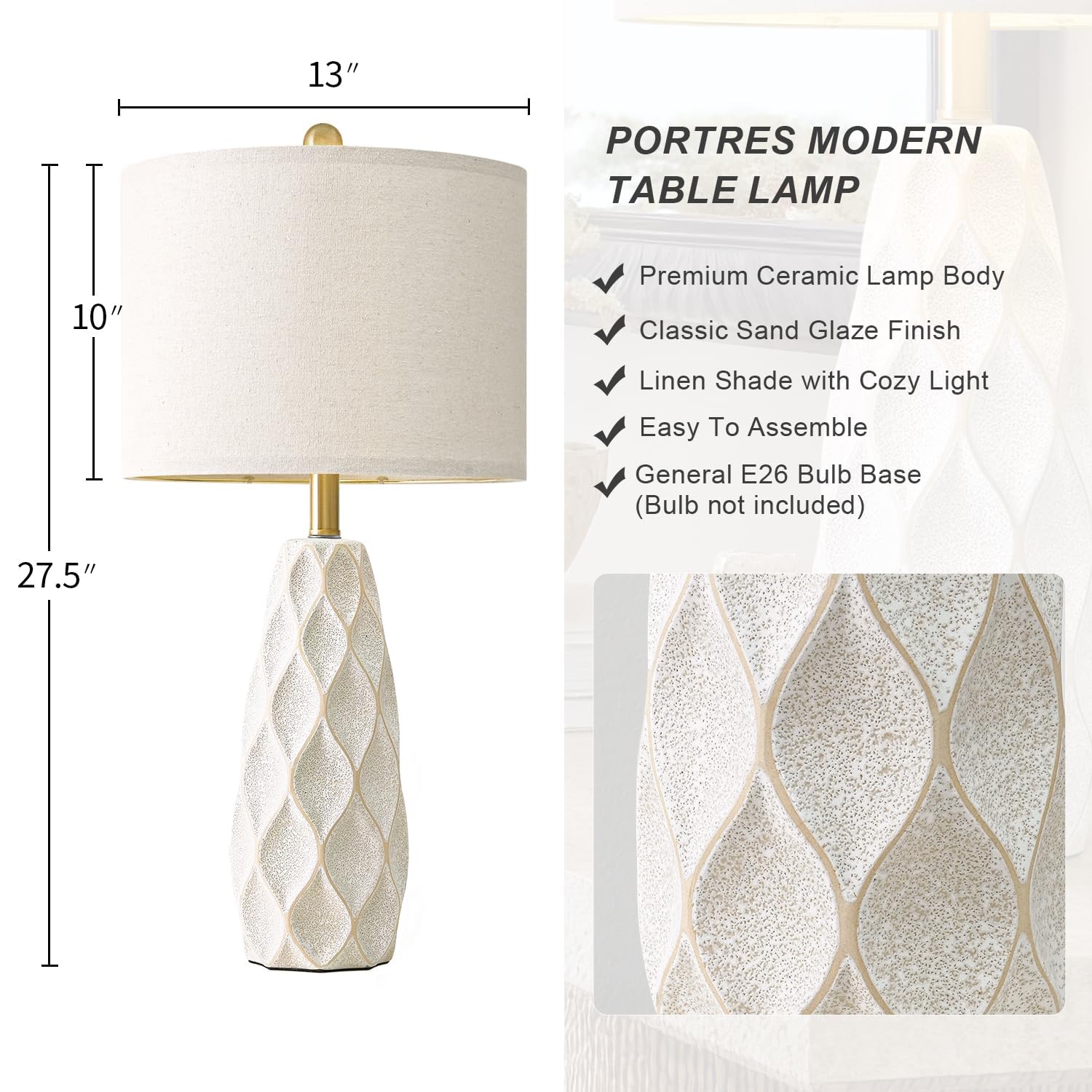 PORTRES 27.5" Ceramic Table Lamps Set of 2, White Modern Boho Nightstand Lighting for Living Room & Bedroom, Model 1230