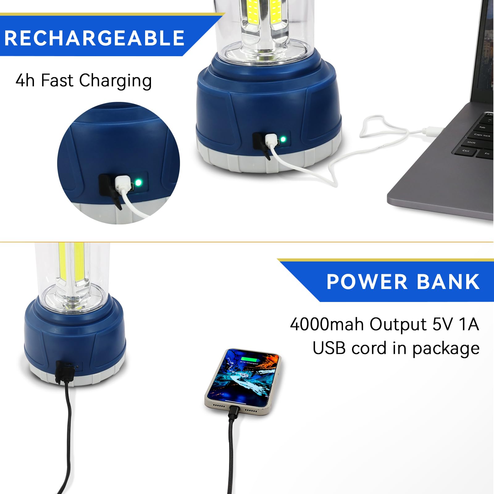 Durapower LED Camping Lantern 2000 Lumen, Rechargeable, 5 Modes, 4000 mAh, IP44 Waterproof, Blue, Model AM20-1363