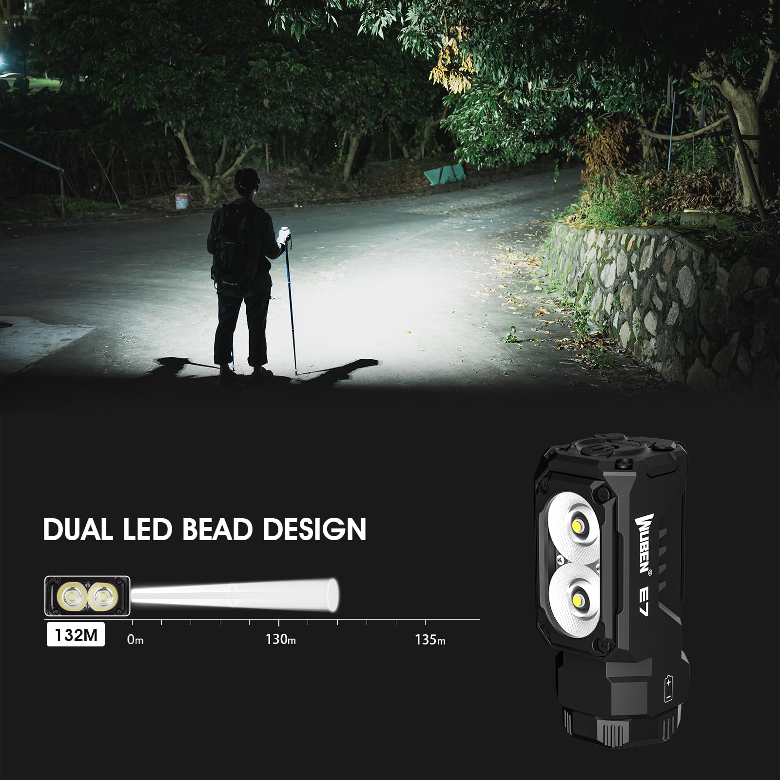 WUBEN E7 Mini Flashlight - 1800 Lumen, Rechargeable, IP68, 6 Modes, Aluminum, Black