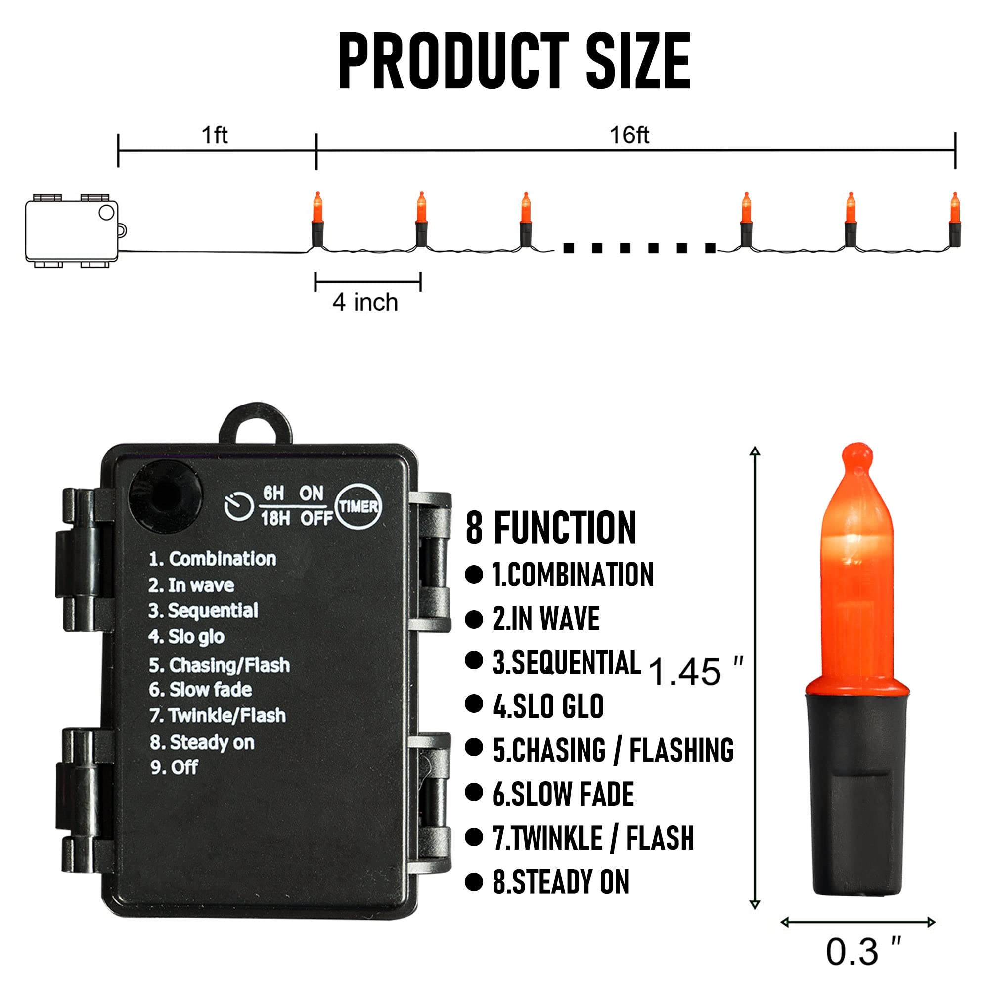 TW SHINE 50 LED Battery Operated Halloween Lights, 16FT Orange Mini String Lights, Waterproof, 2 Pack with 8 Modes for Indoor/Outdoor Decor
