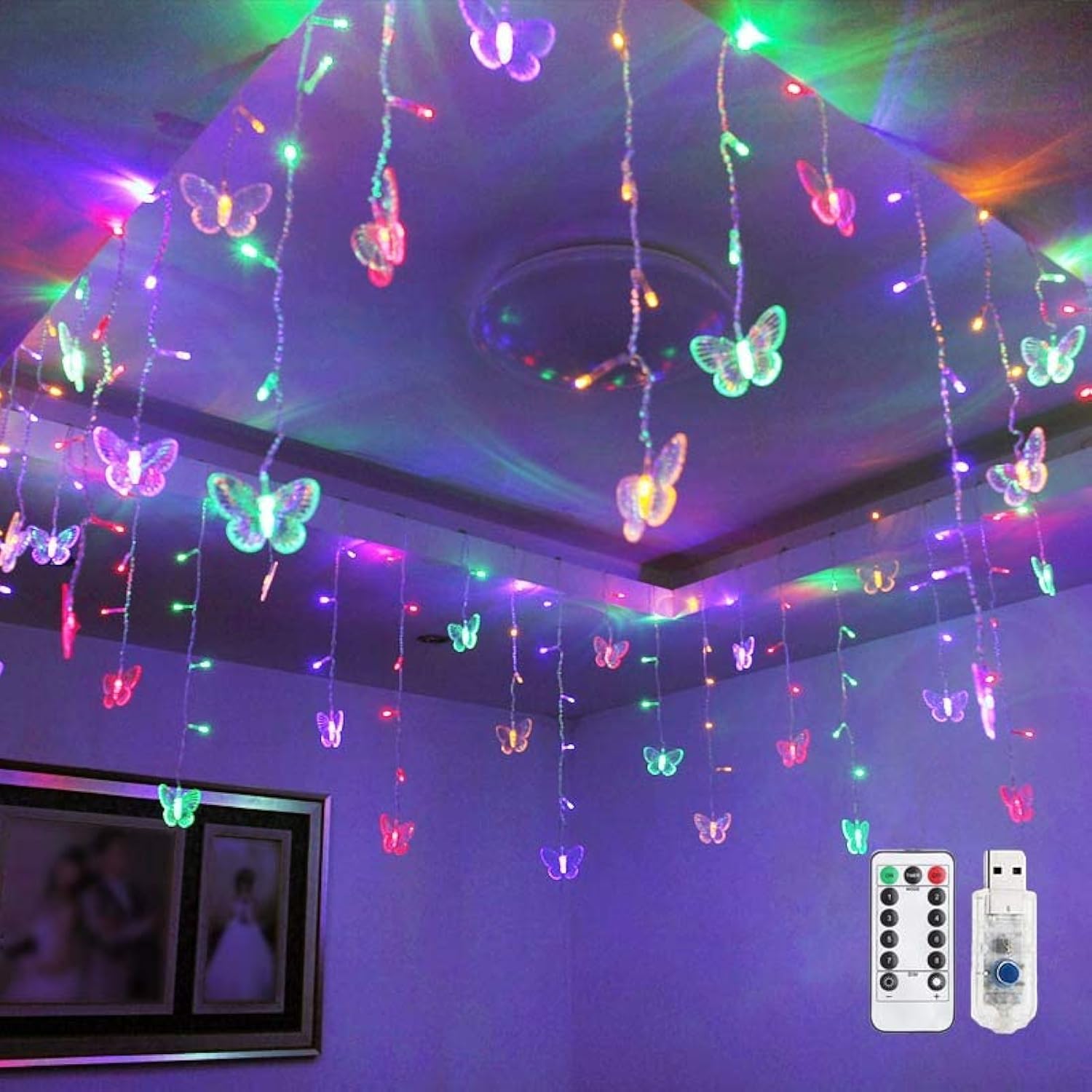 Butterfly Curtain Fairy Light  8 Modes 120 LED USB Window Firefly Twinkle Timer String Lights 24 Butterflies with Remote  Waterproof Copper Wire for Room Bedroom Christmas Wedding Party Dorm Patio