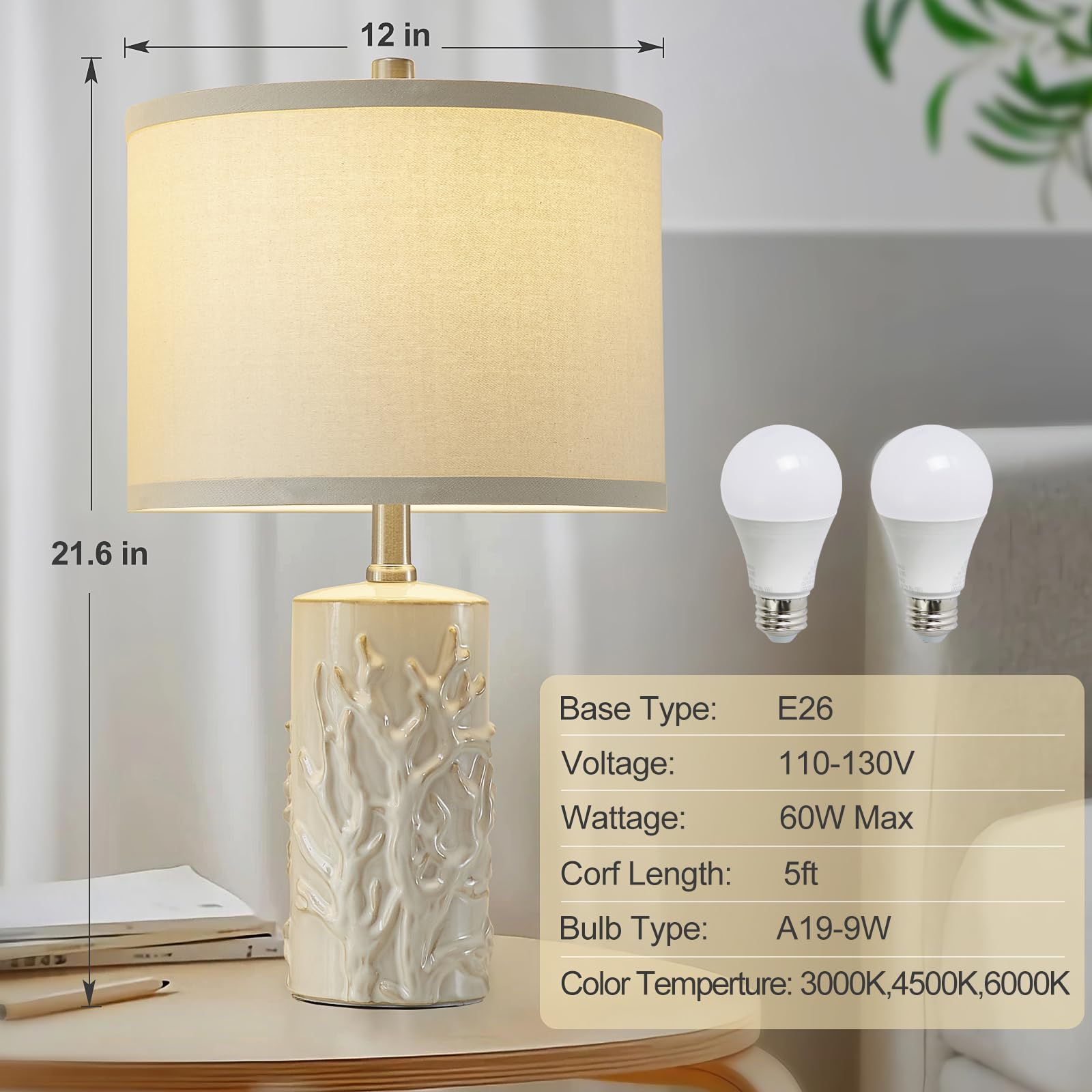 Vintage Farmhouse Table Lamp Set Of 2, Tree Trunk Grain Nightstand Lamp With Eye-Protecting Fabric Shade For, 3-Color Temperatur
