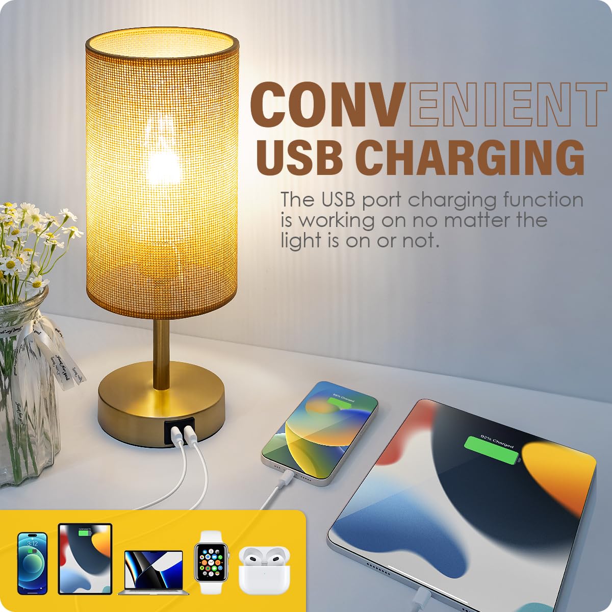Yarra-Decor Touch Control Bedside Lamp With Usb Port, 3-Way Dimmable, Round Flaxen Shade, Model Y-Net, Color Net