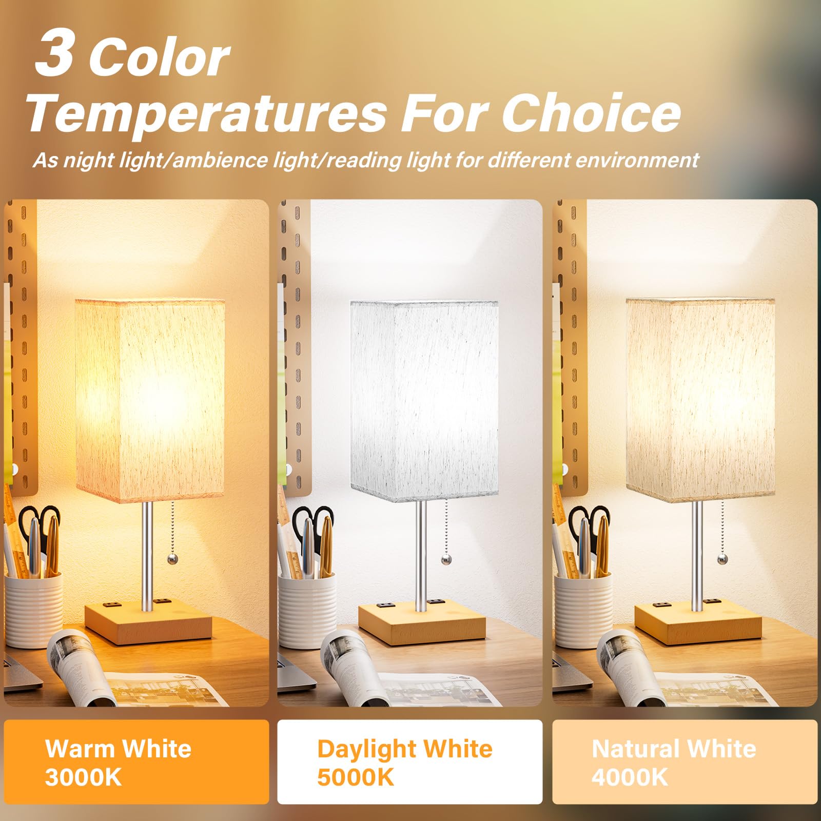 Cream Bedroom Table Lamps Set Of 2 - Bedside Lamps For Nightstand, Minimalist Night Stand Light With Square Fabric Shade, Desk R