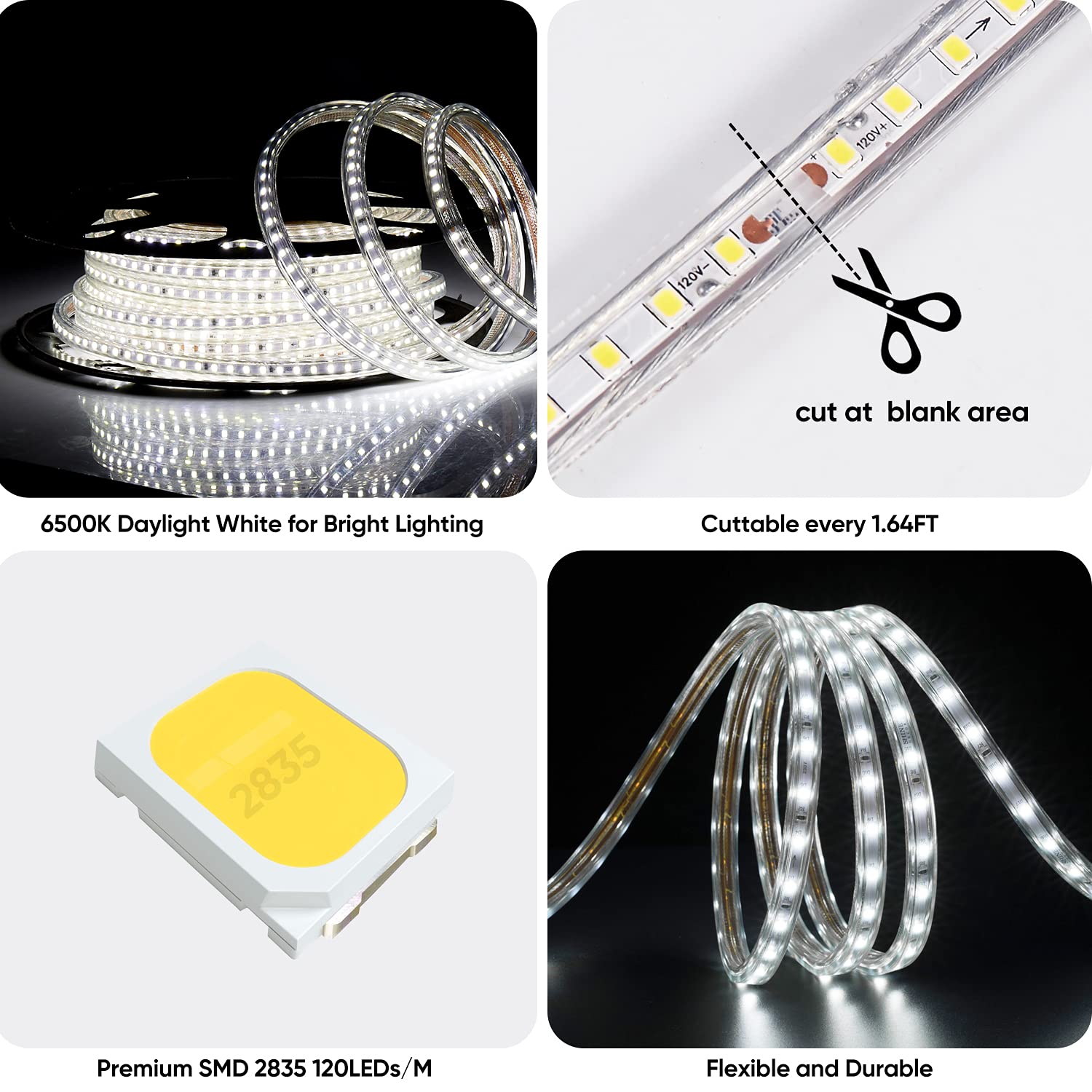 Shine Decor Led Strip Light 50Ft 120Vac, Super Bright 6337 Lumens Dimmable, Ip65 Waterproof For Outdoor Indoor, 6500K Cool White