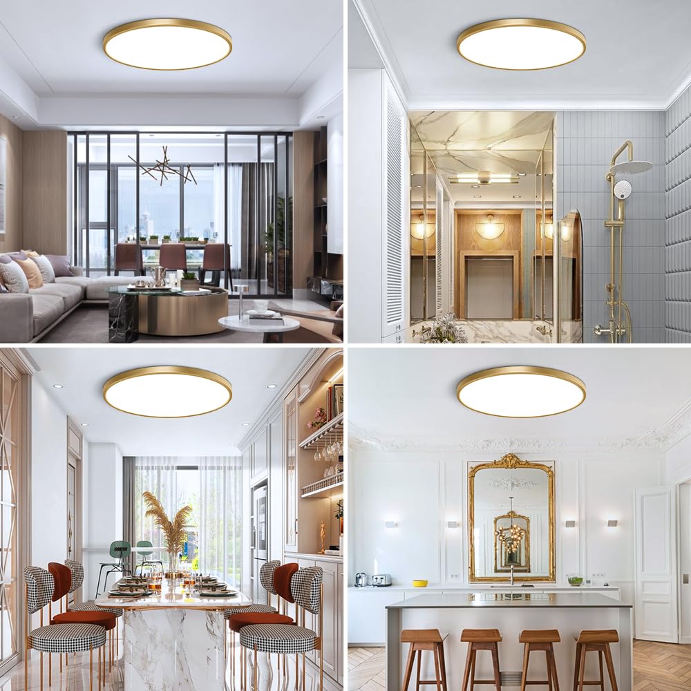 Fletergib 15.7 Inch Gold Flush Mount Ceiling Light Fixture, 5000K Daylight White, 32W 3800Lm Bright Led Ceiling Light, Flat Round Light Fixtures Ceiling Mount For Bedrooms Living Rooms