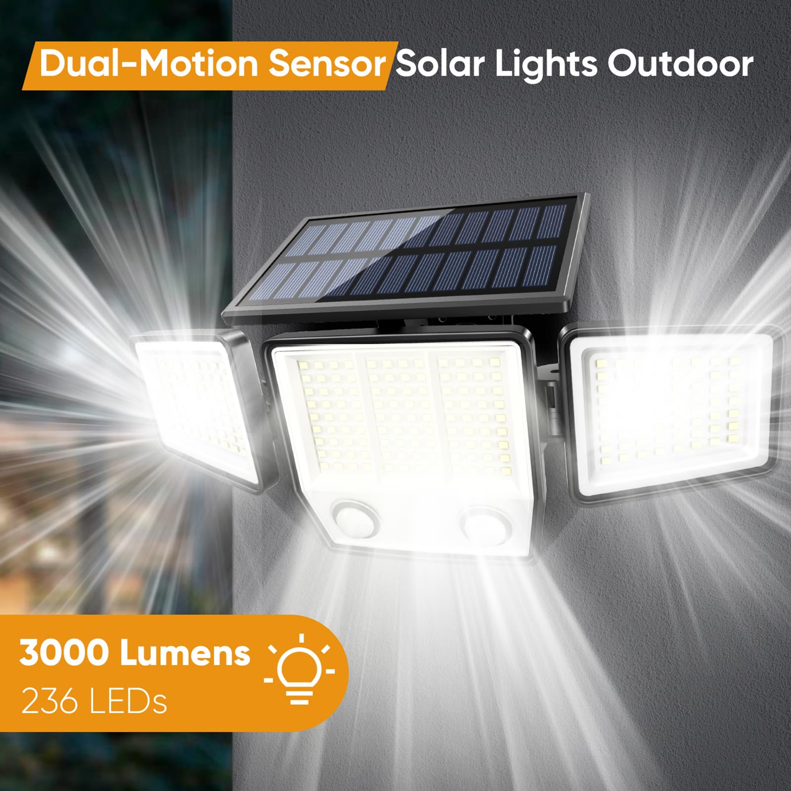 MDCMDCM Solar Motion Sensor Lights - 3000LM, 3 Modes, IP65, 270° Illumination, 2 Pack, Waterproof