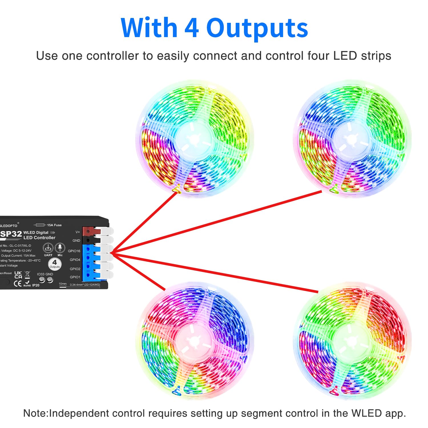 Esp32 Wled Led Strip Controller 4 Channel Outputs 15A Fuse Link Ti Level Shifter Uart Download Diy Dynamic Lighting Mode App Control For Digital Rgb Ic Ws2811 Ws2812 Ws2815 Sk6812 Etc