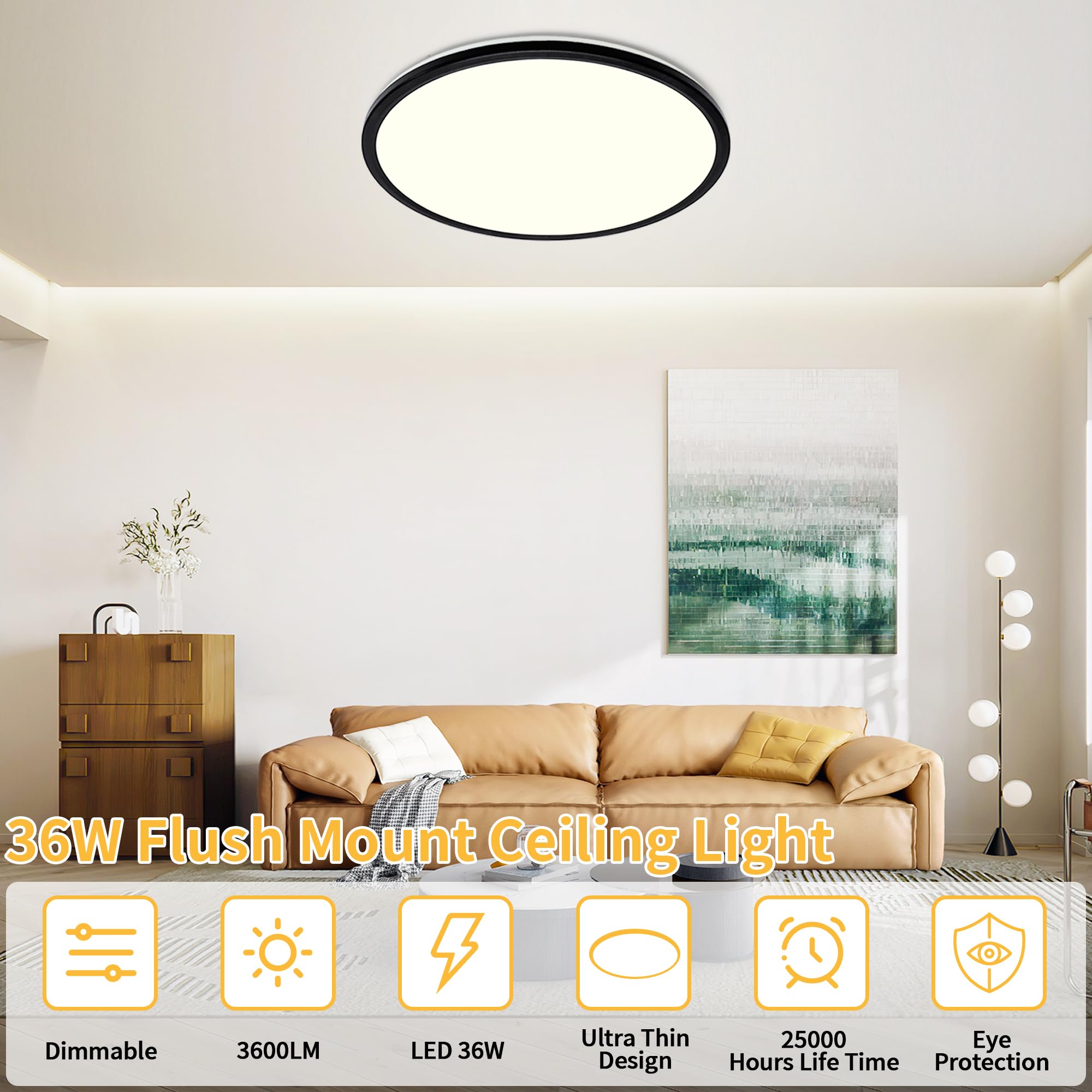 MOONSEA 15.8 Inch Dimmable LED Ceiling Light, Ultra-Thin Black Surface Mount, Model BG-LT0109