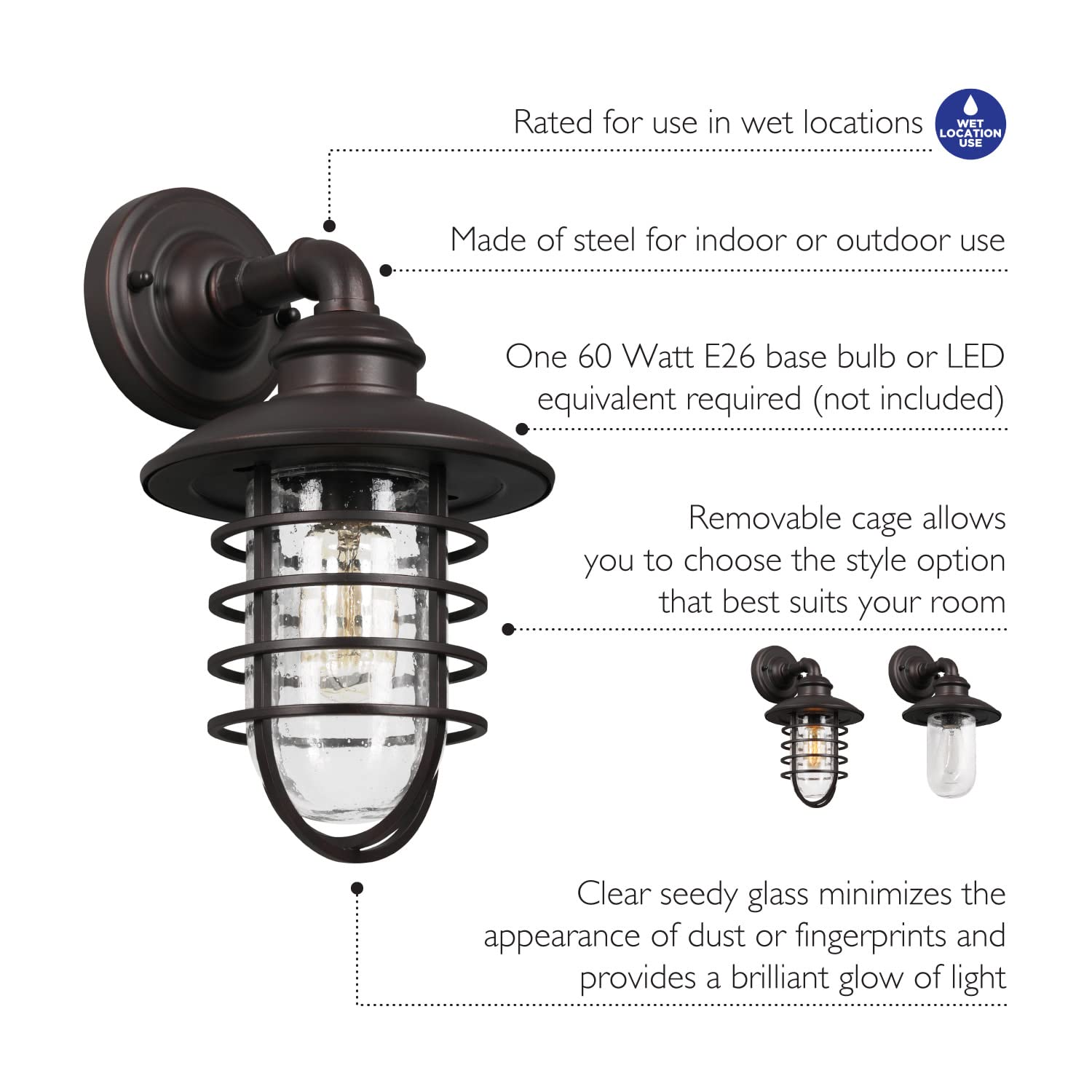 Design House 588970-Brz Stevenson Rustic Industrial 1-Light Indoor Outdoor Dimmable Wall Light With Clear Seedy Glass And Metal