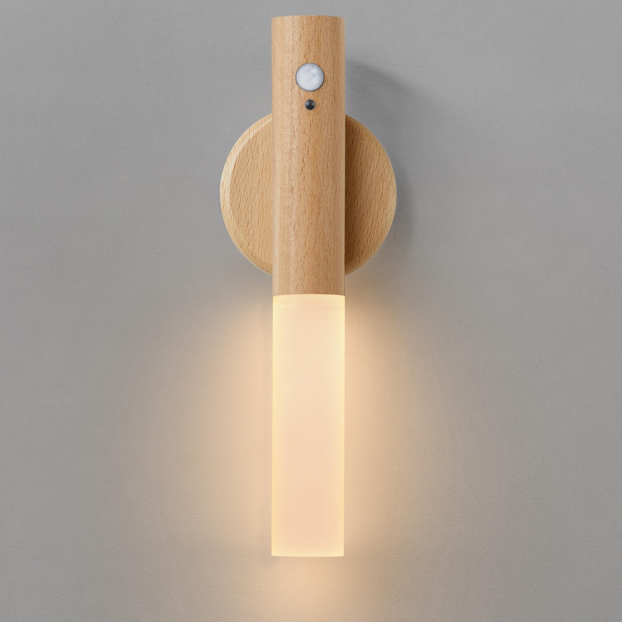 Montford Wall Sconce - Battery Operated Motion Sensor Light, Rechargeable, Peel and Stick, White Ash Wood, Model OLDNL001