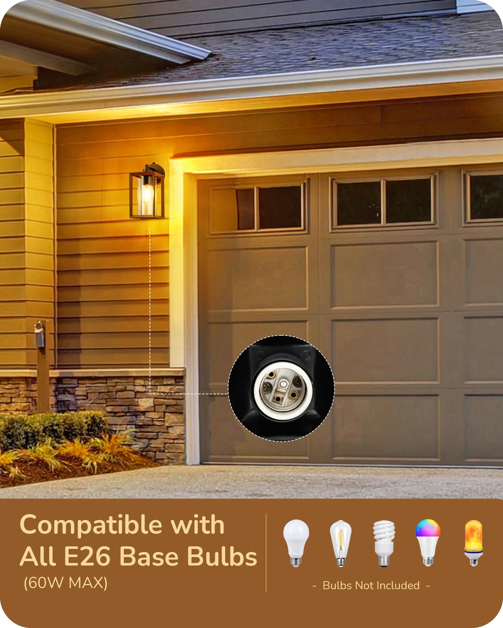 EDISHINE Dusk to Dawn Outdoor Wall Lights, Farmhouse Exterior Lighting Fixtures with Seeded Glass, Wood Grain Finish Porch Light