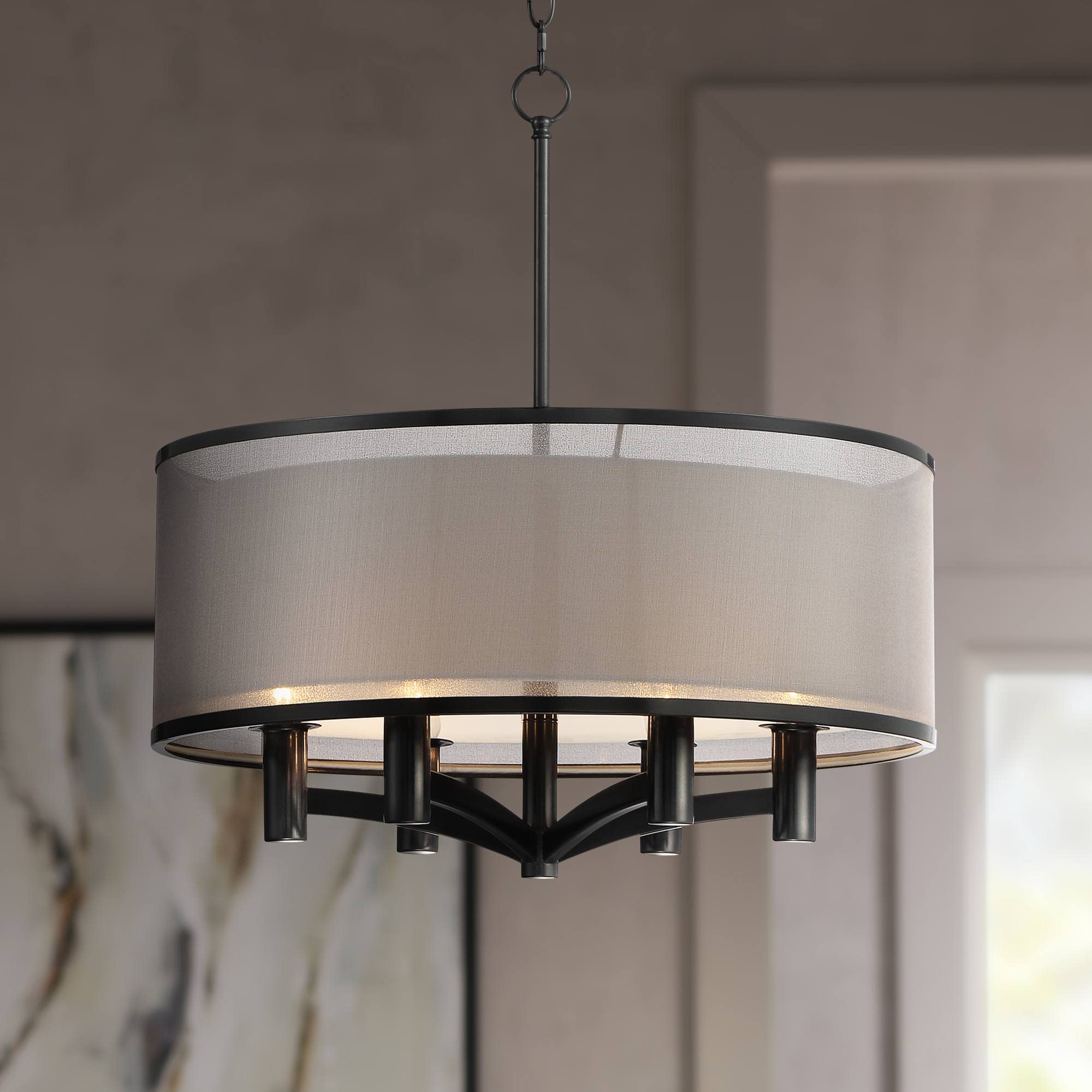 Possini Euro Design Black Drum Pendant Chandelier 22in Wide 6-Light Fixture for Dining Room, Foyer, Kitchen, Living Room
