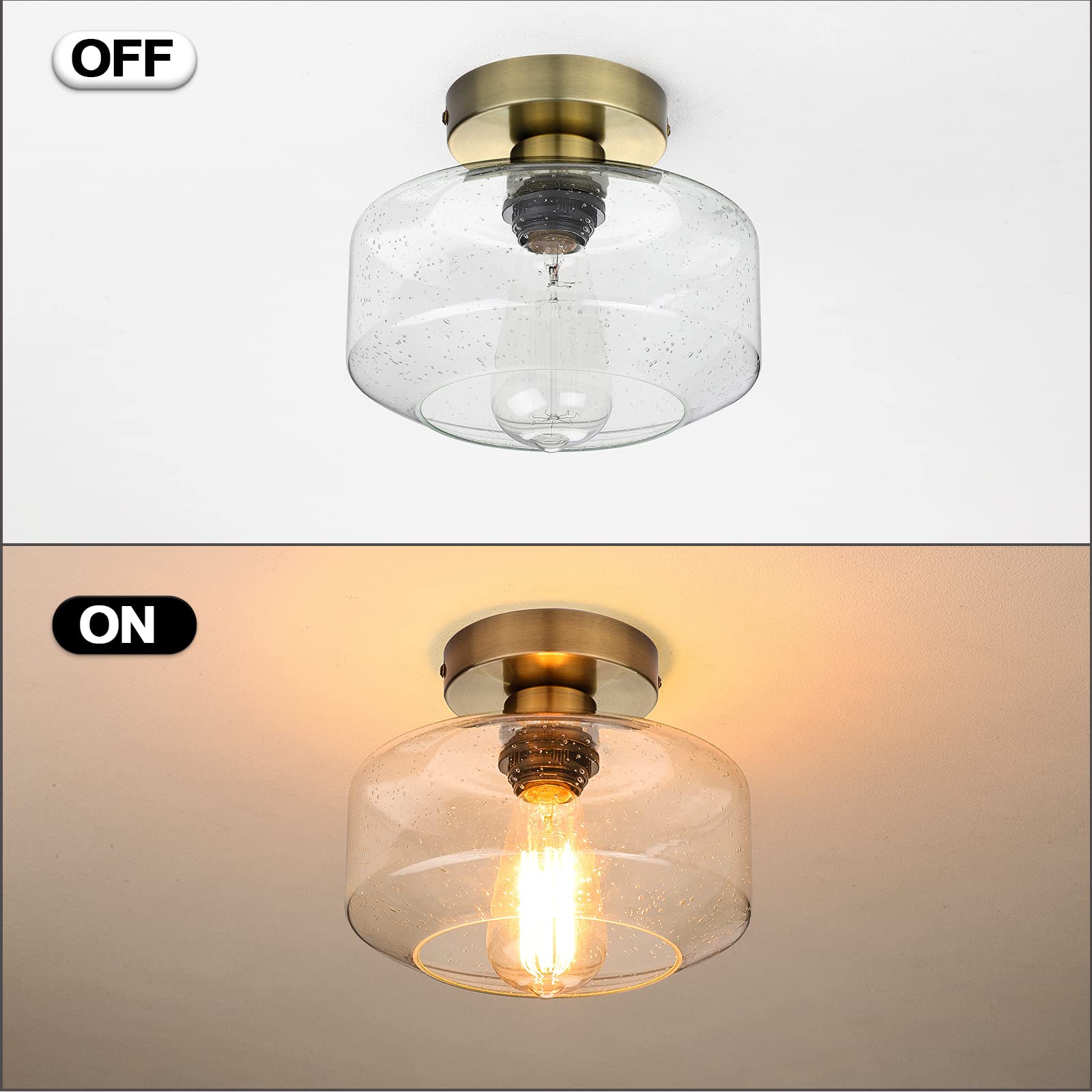 Sunrider Industrial Semi-Flush Mount Ceiling Light Fixture, Seeded Glass Pendant Lamp, Brass Farmhouse Lighting For Hallway Porc