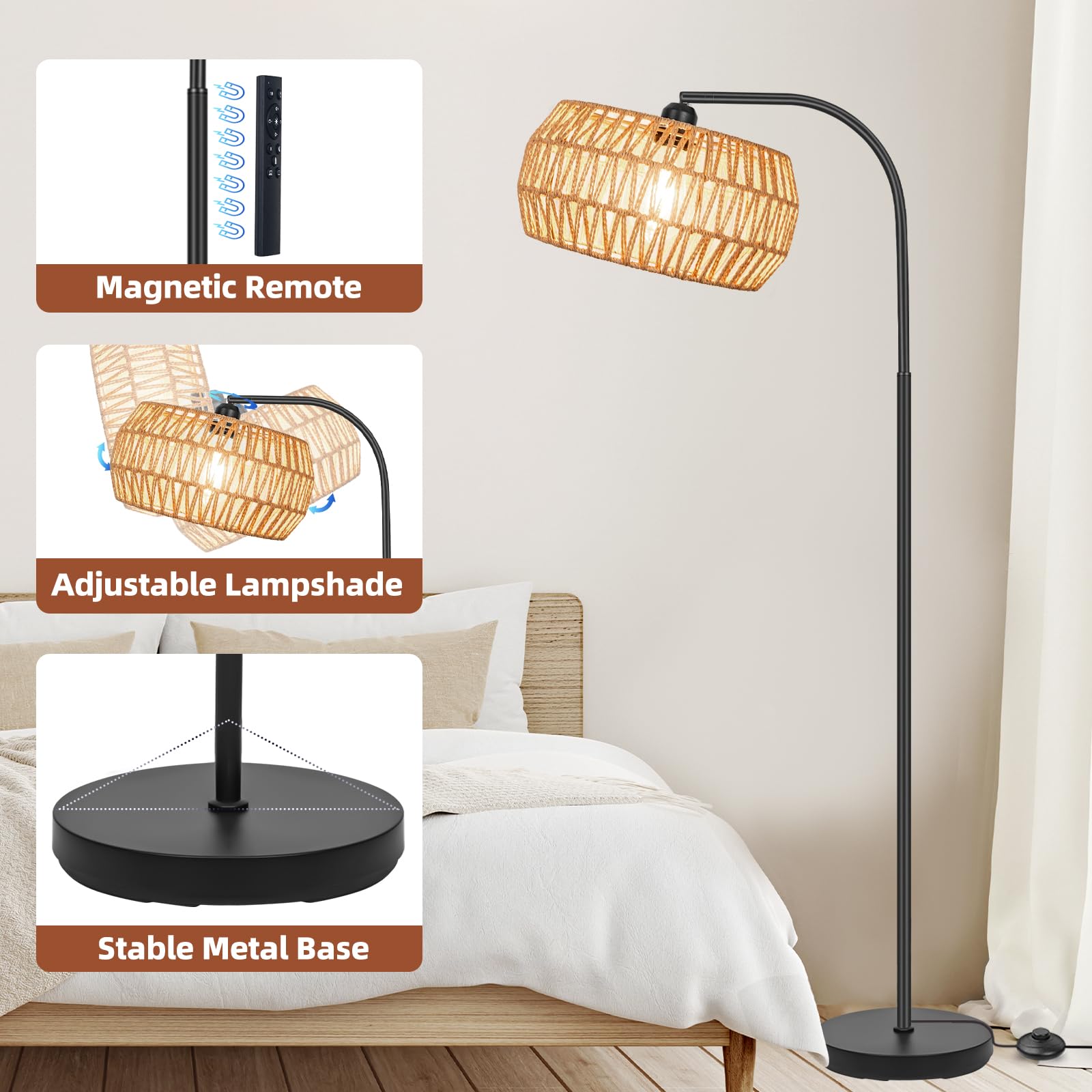 Floor Lamp With Remote, Rattan Standing Lamp With Rattan & Linen Shades, Boho Farmhouse Standing Lamps With Stepless Dimmable Bulb, Black Metal Base Rattan Lamp For Living Room, Bedroom, Office