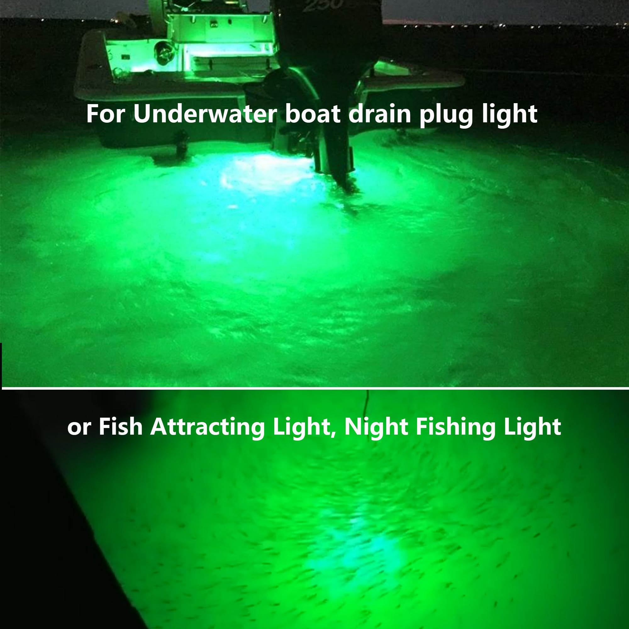 NBWDY 1/2in NPT Boat Drain Plug Light, 4100LM LED, IP68 Waterproof, Green, Smart Cooling System for Fishing & Diving
