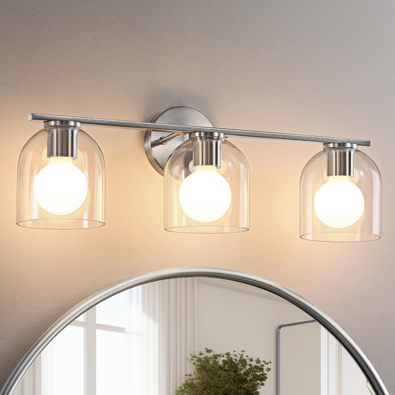 Woshitu Vanity Light Fixture: 23.3 Inch Modern Brushed Nickel Lights Over Mirror With Clear Glass Shade, 3-Light Farmhouse Bathr