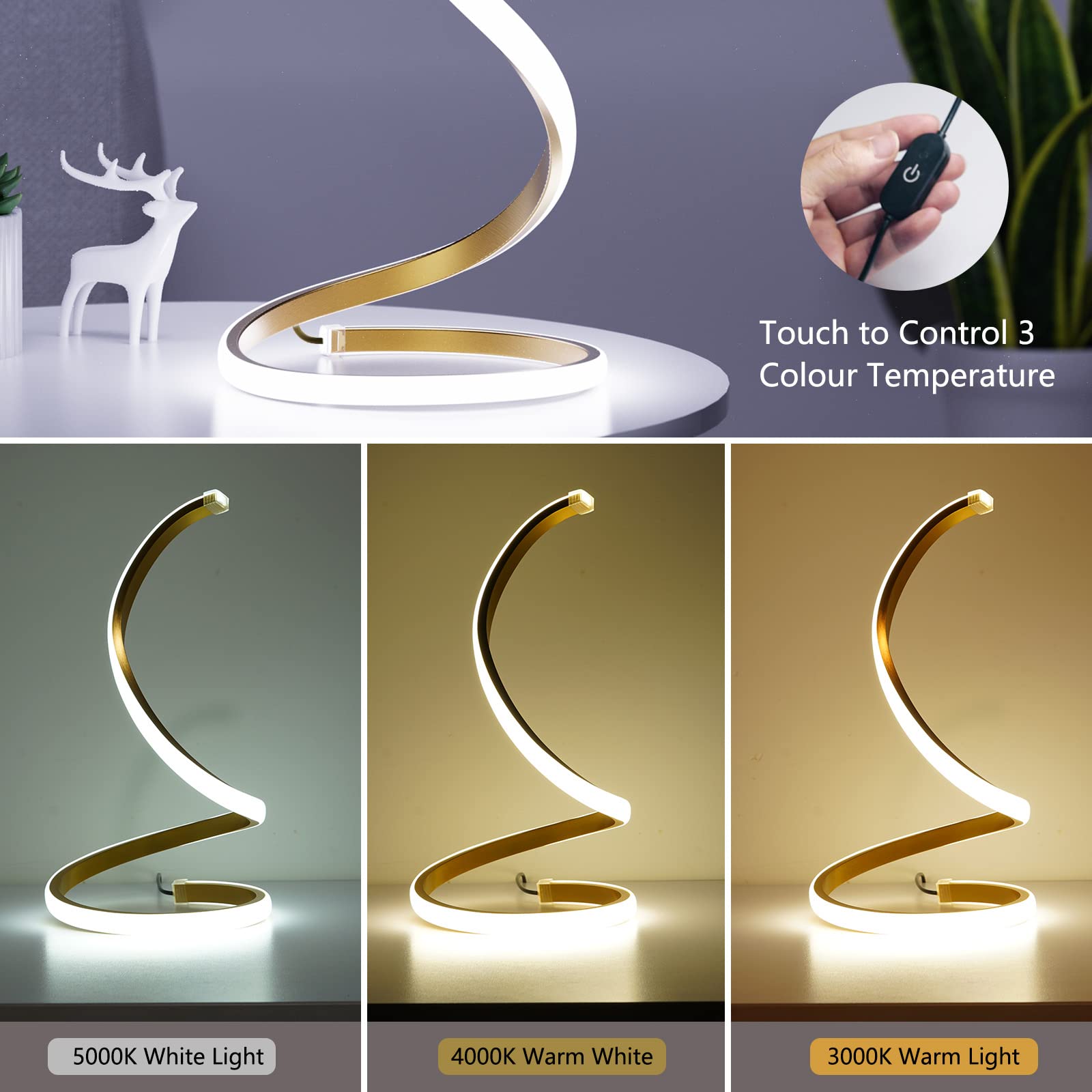 Nu?R Spiral Led Table Lamp, Modern 3 Colors Dimmable Desk Lamp With Minimalist Lighting Design & Touch Controller, Creative Styl