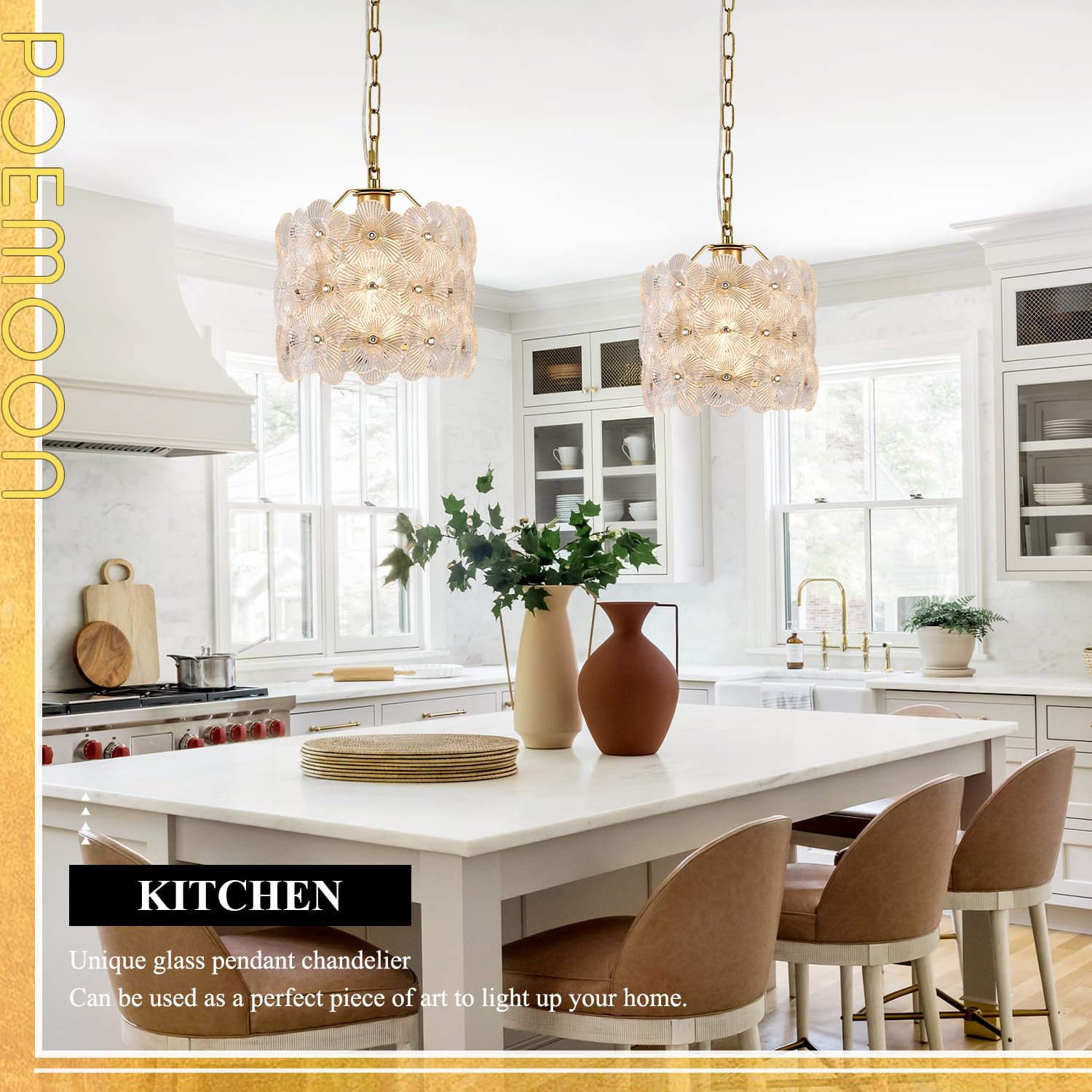 Poemoon Gold Glass Pendant Light - Modern Flower Design, 8.7 inches, 1-Light for Kitchen, Dining, Bedroom, Model P54-1GC1
