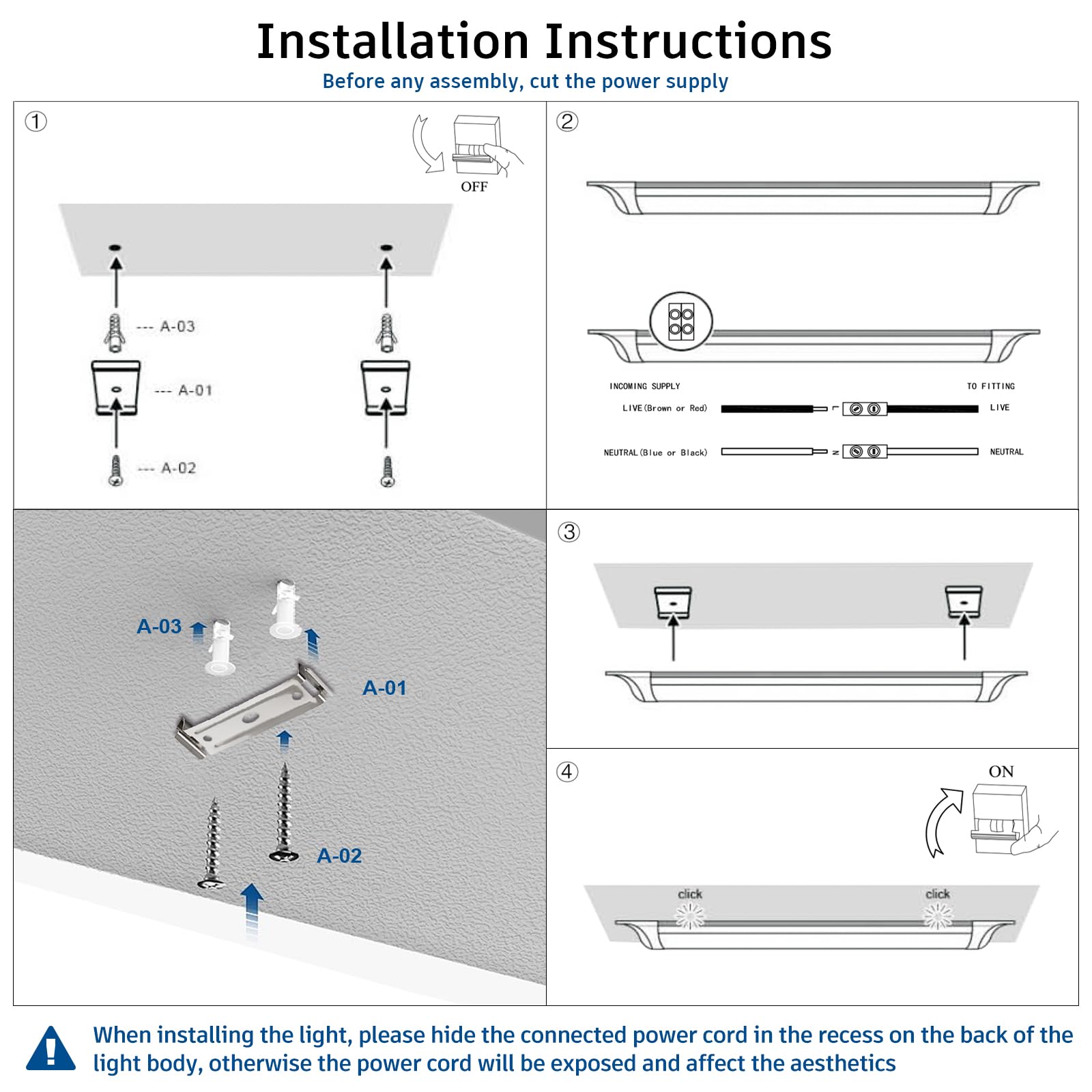KILIPOL 3FT LED Batten Light, 30W 4000K Neutral White, Ceiling Mounted, 2 Pack, Plastic