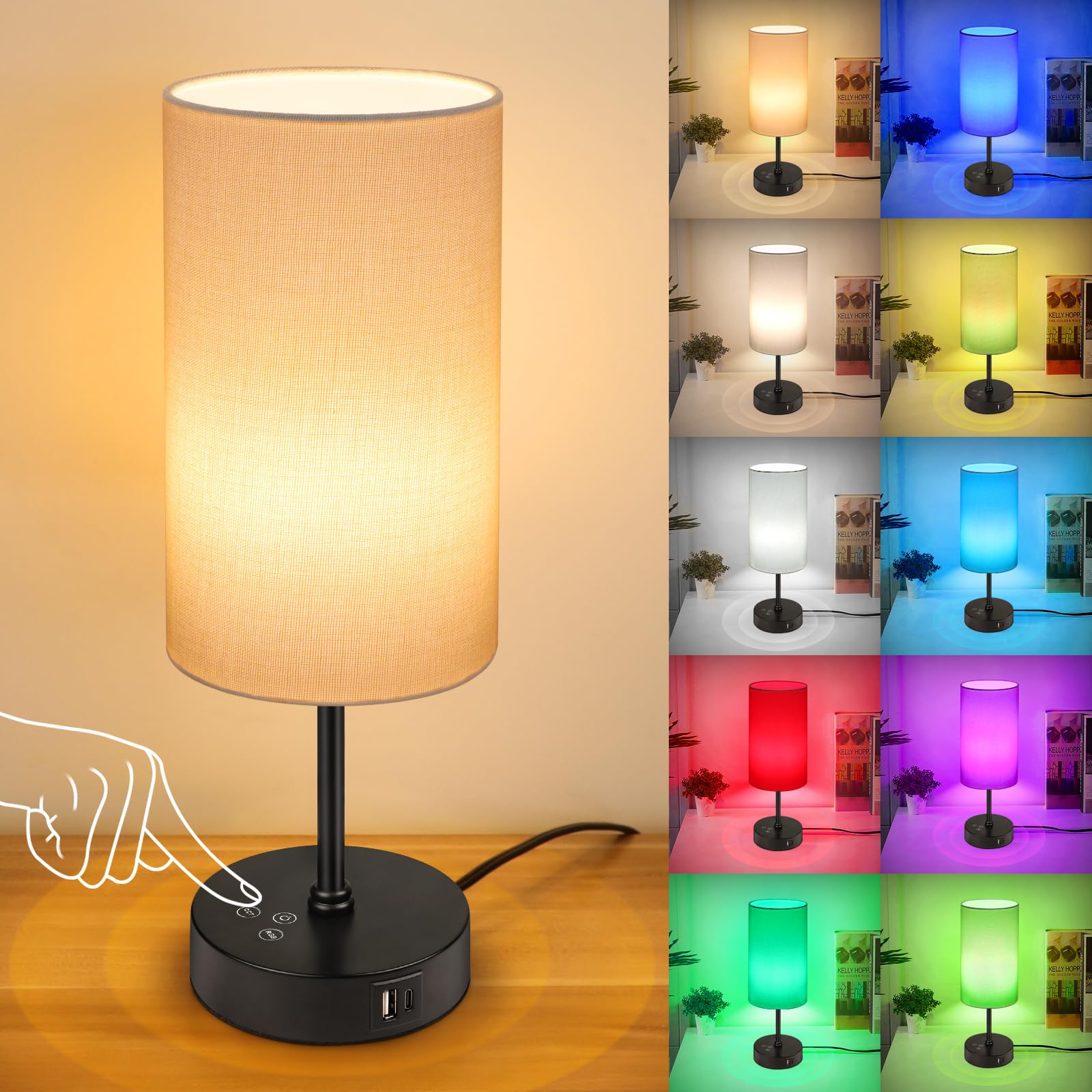 Unicozin Small Table Lamp, 3 CCT 3000K/4500K/6500K & RGB Color Changing, Stepless Dimmable Bedside Lamp for Reading, Touch Contr