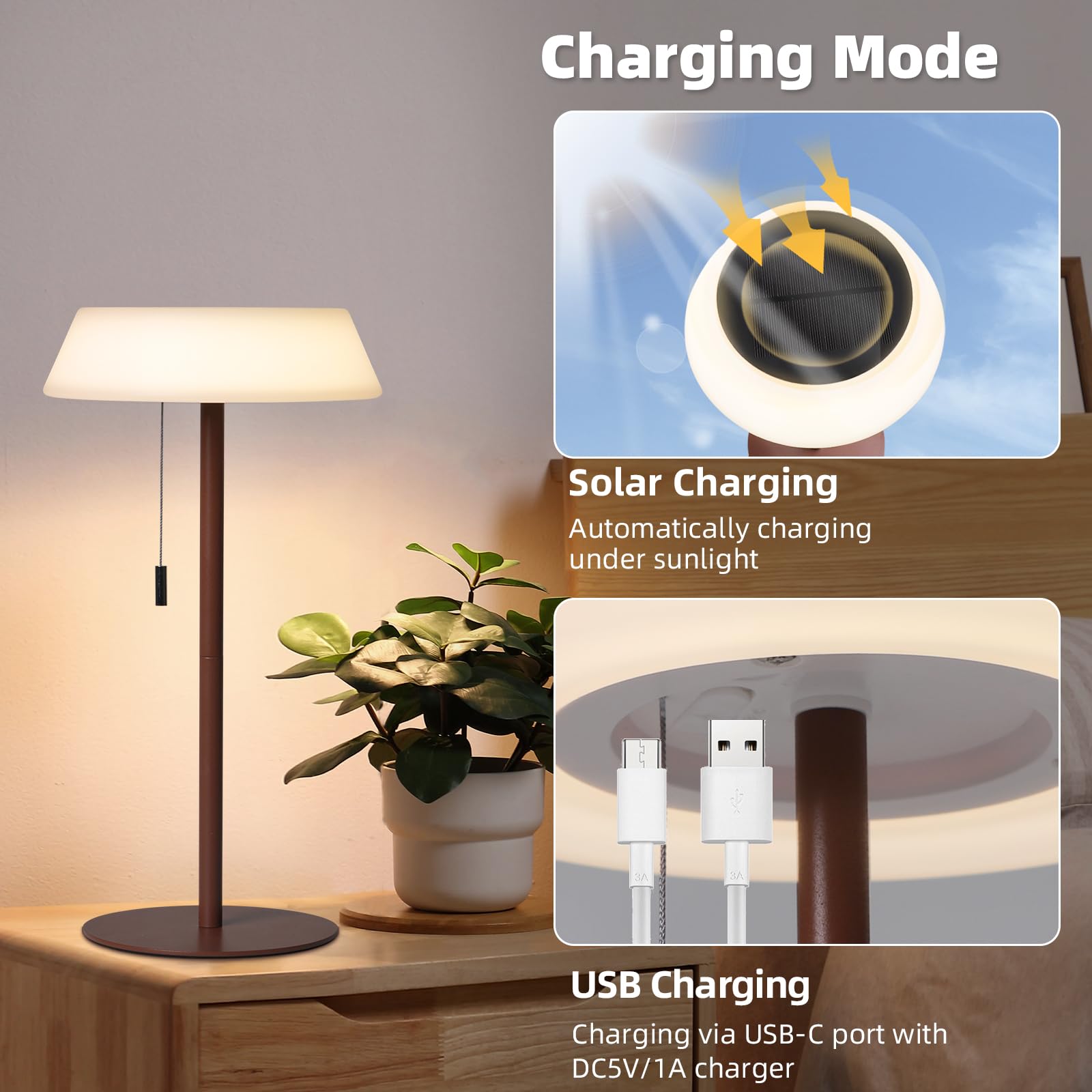 ILOVINIT Solar LED Table Lamp, Waterproof, 3-Level Dimmable, Portable, USB Rechargeable, Bronze, Model IL-F015