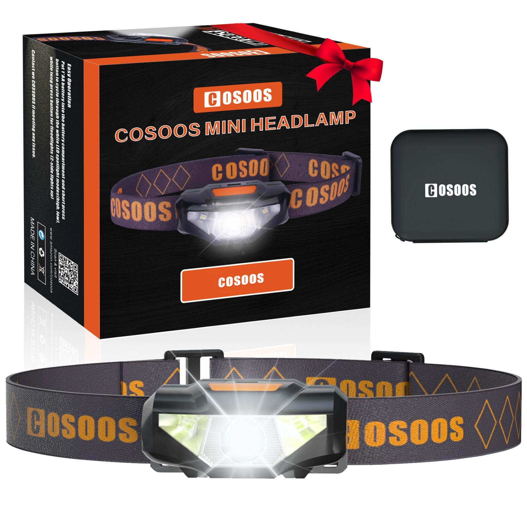 COSOOS LED Headlamp Flashlight, Waterproof, Lightweight 1.6oz, Black, with Carrying Case, Ideal for Camping, Jogging, and Reading