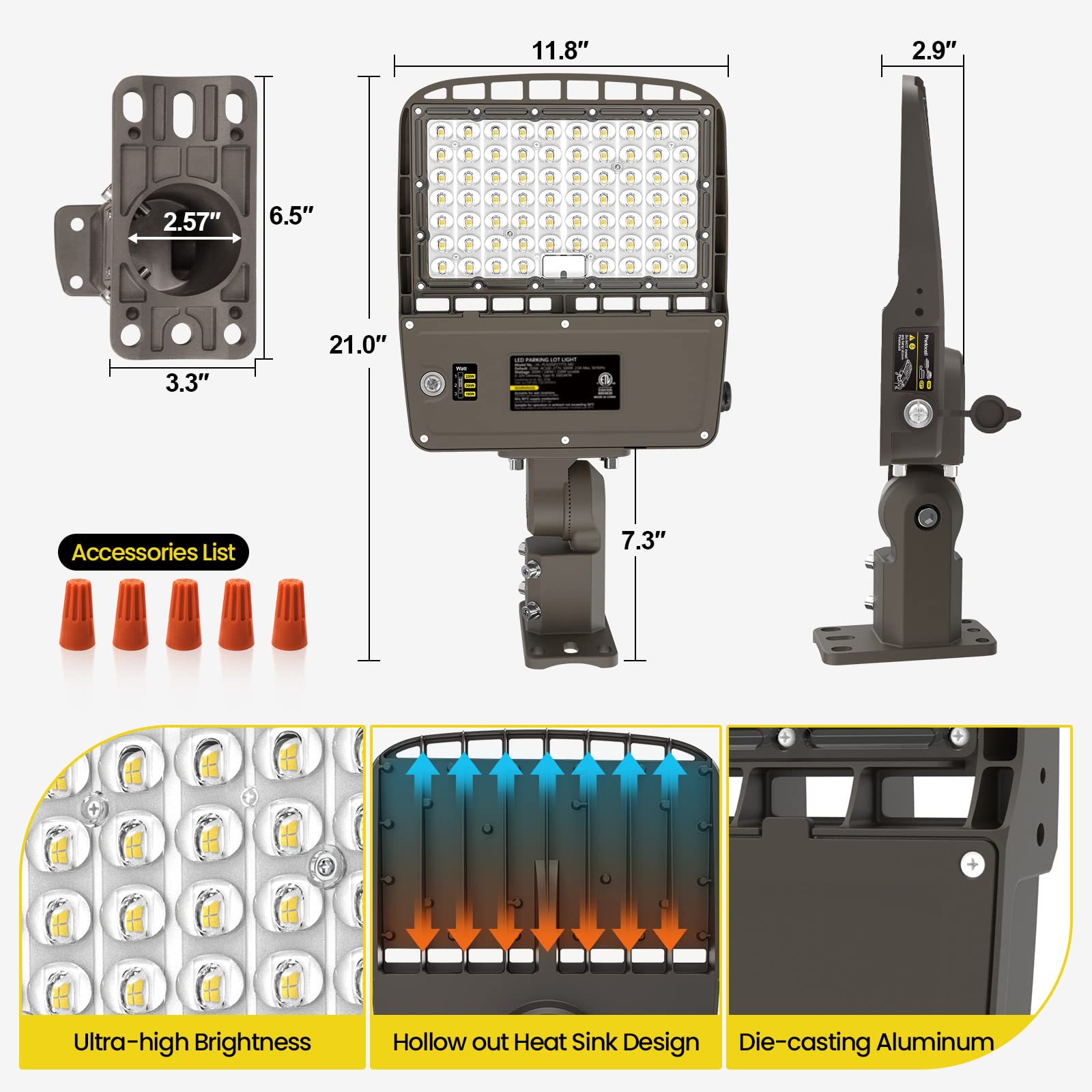 YARBO 240W LED Parking Lot Light - 220W/200W Selectable, 38400LM, Dimmable, Dusk to Dawn Photocell, Arm & Slip F