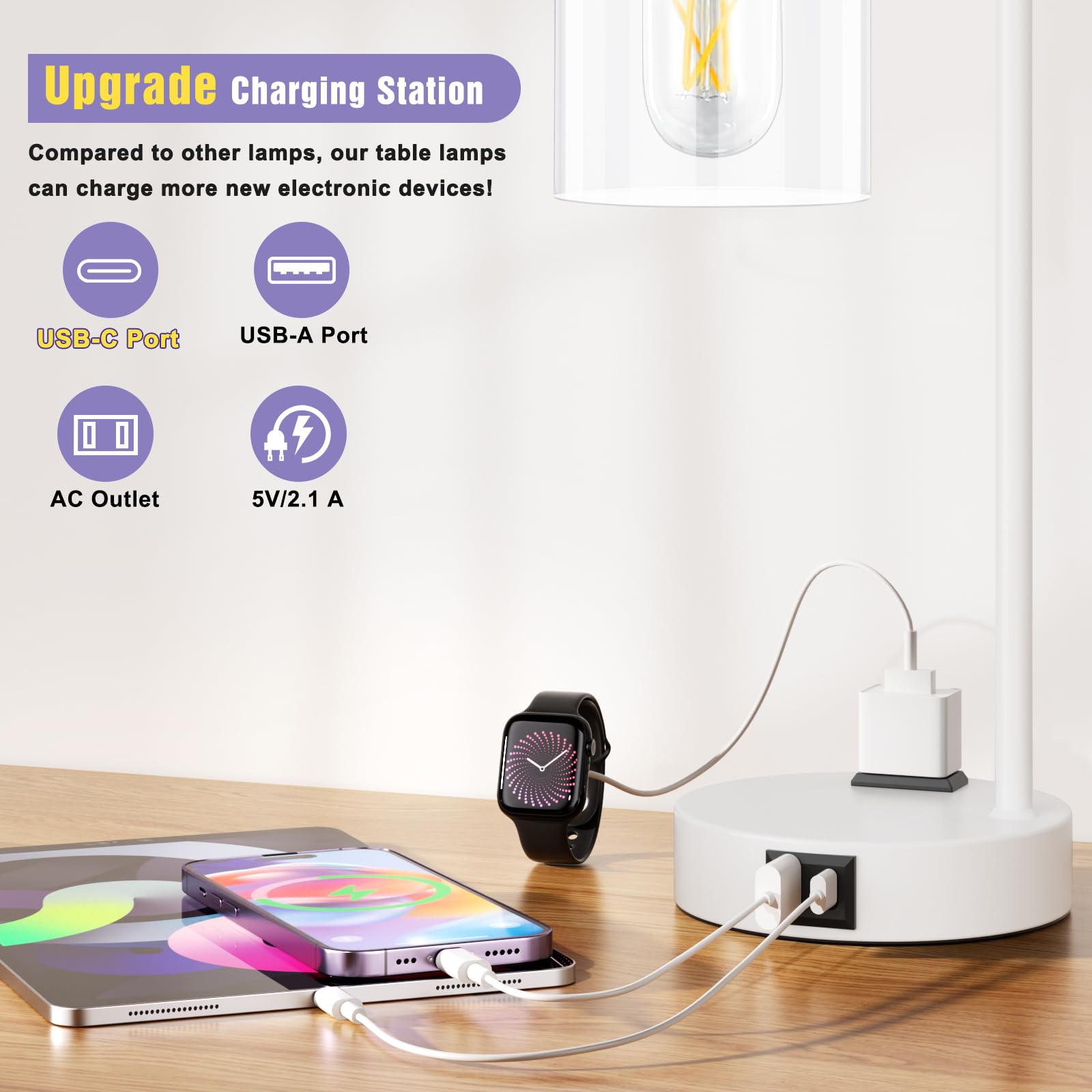 Innqoo Industrial White Table Lamps For Bedrooms Set Of 2-3-Way Dimmable Desk Lamp With Usb C+A Ports And Outlet, White Lamps Wi