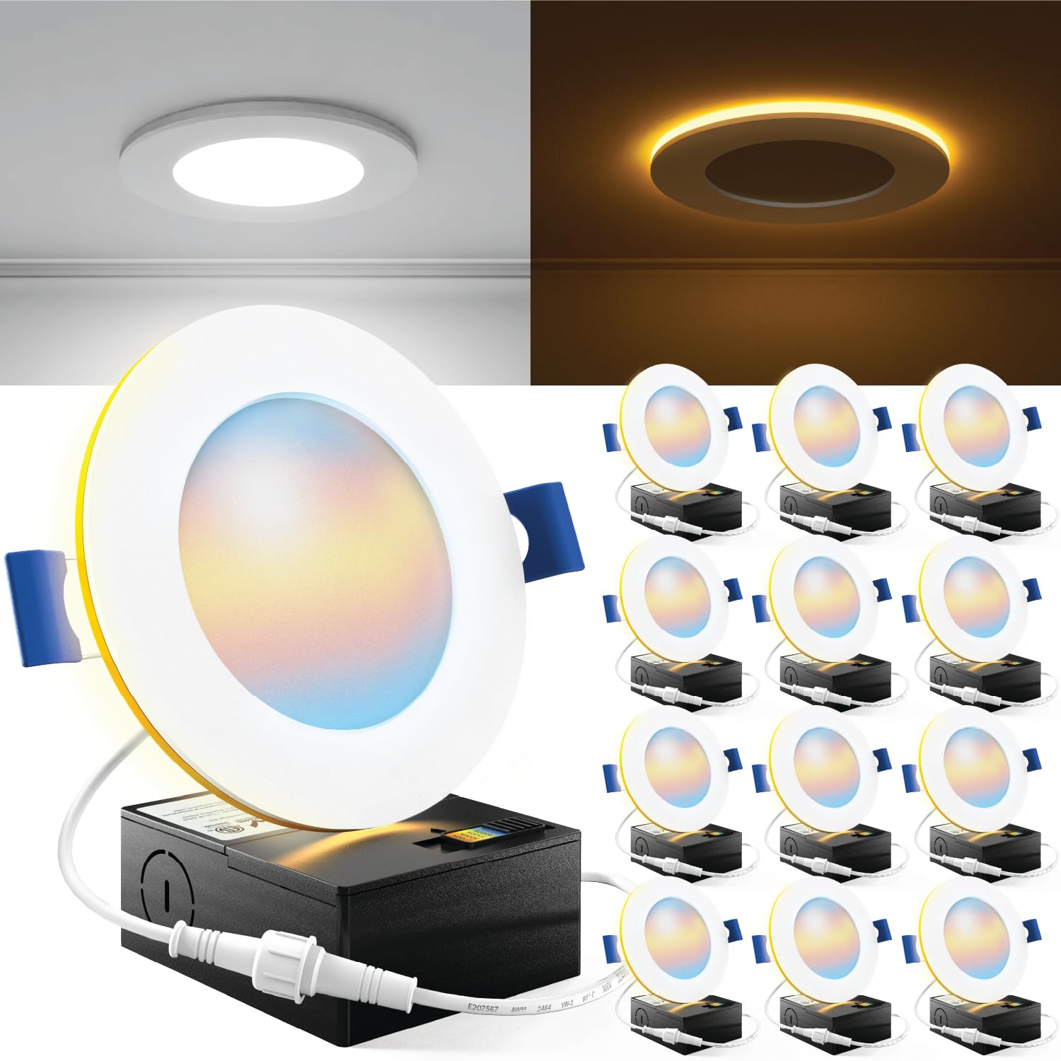 Sunco 12 Pack 4 Inch Ultra Thin Led Recessed Ceiling Lights Slim With Night Light, 900 Lm, Selectable Cct 2700K/3000K/3500K/4000K/5000K, Dimmable, 11W, Canless With Junction Box