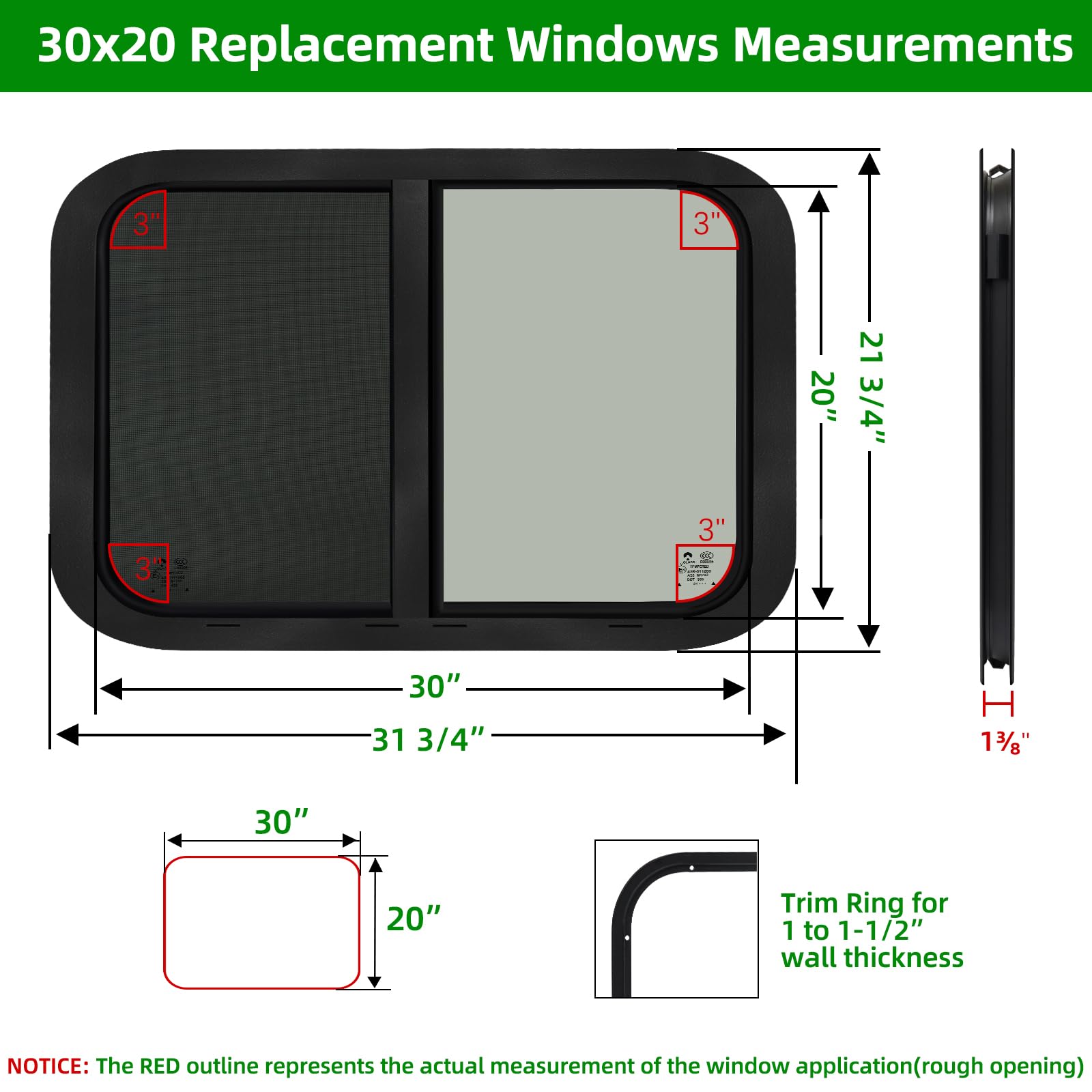 NOVINO RV Window - Horizontal Sliding Replacement for Trailer Camper, 30inW x 20inH, Black, Model NRW-005, with Screen & Trim Ring