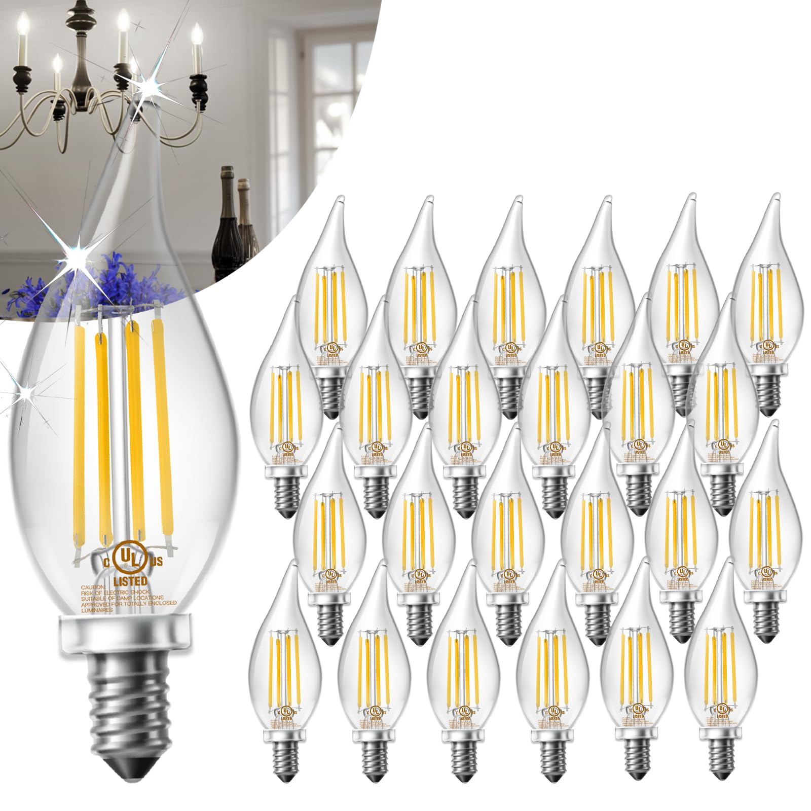 Daybetter 24 Pack Dimmable Candelabra Light Bulbs, Flame Tip Vintage Led Candle Bulbs, E12 Small Base, 60 Watt Equivalent, 5000K